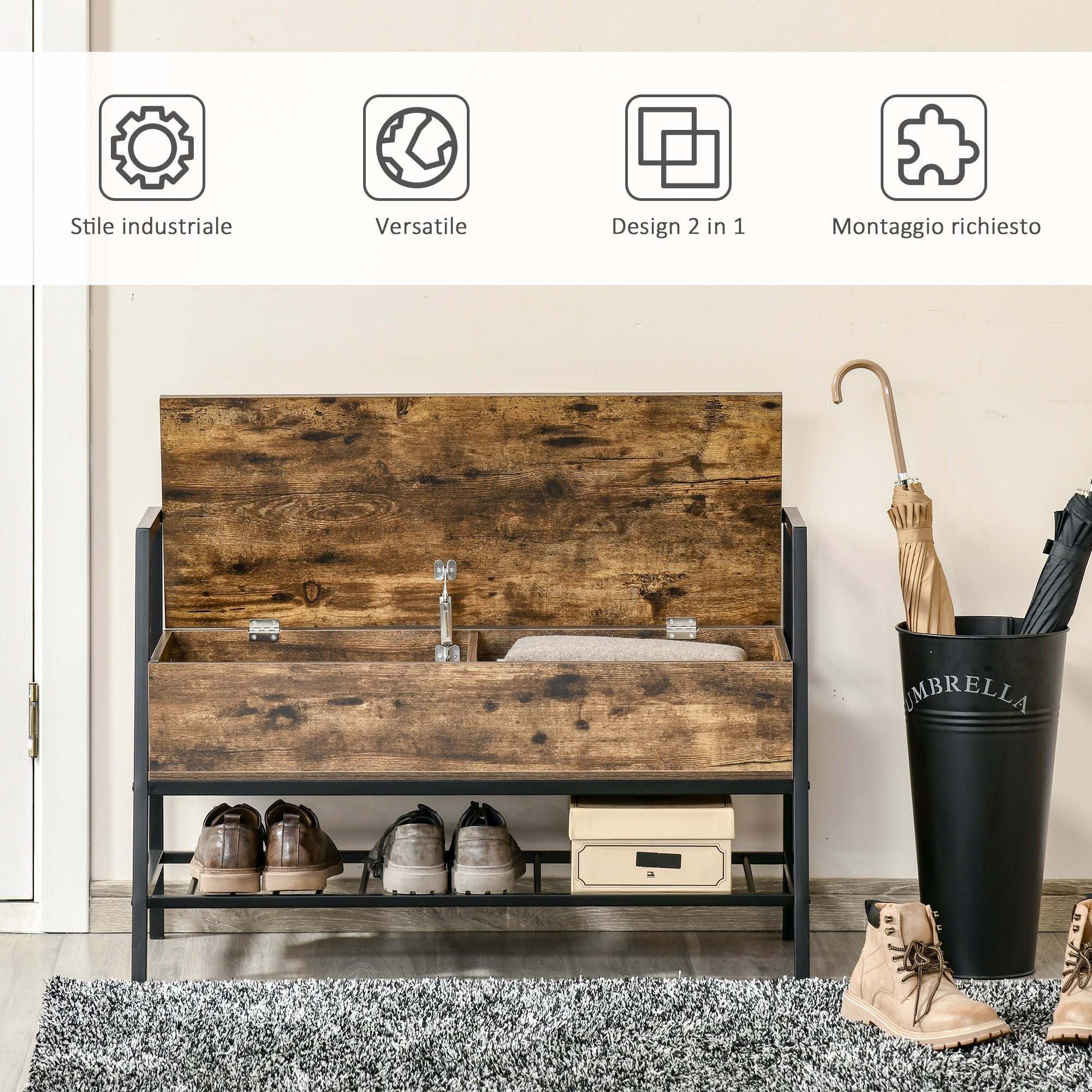 Industrial Style Shoe Rack Bench with Storage Compartment, Vintage Space-Saving Shoe Bench in Wood and Metal, Rustic Brown, 90x37x60cm