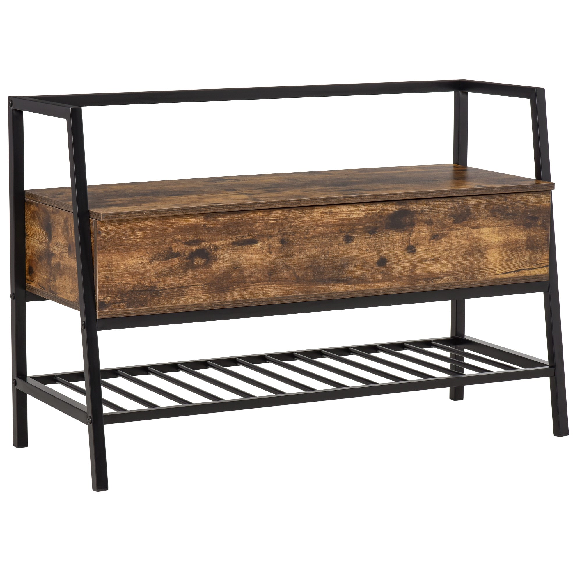 Industrial Style Shoe Rack Bench with Storage Compartment, Vintage Space-Saving Shoe Bench in Wood and Metal, Rustic Brown, 90x37x60cm