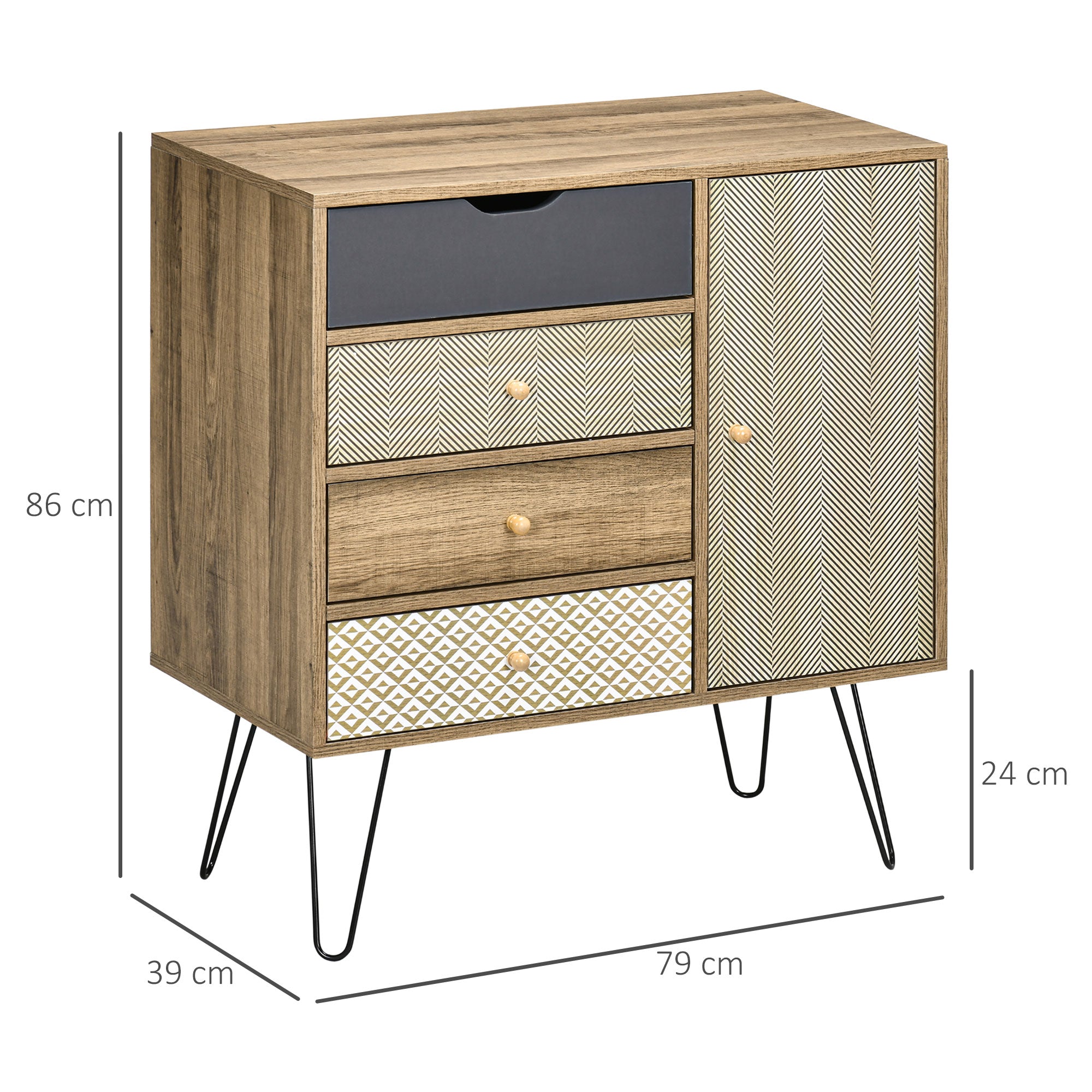 Storage Cabinet Chest of 4 Drawers 1 Cupboard - Hairpin Legs - Bohemian Style - 79 x 39 x 86 cm Brown
