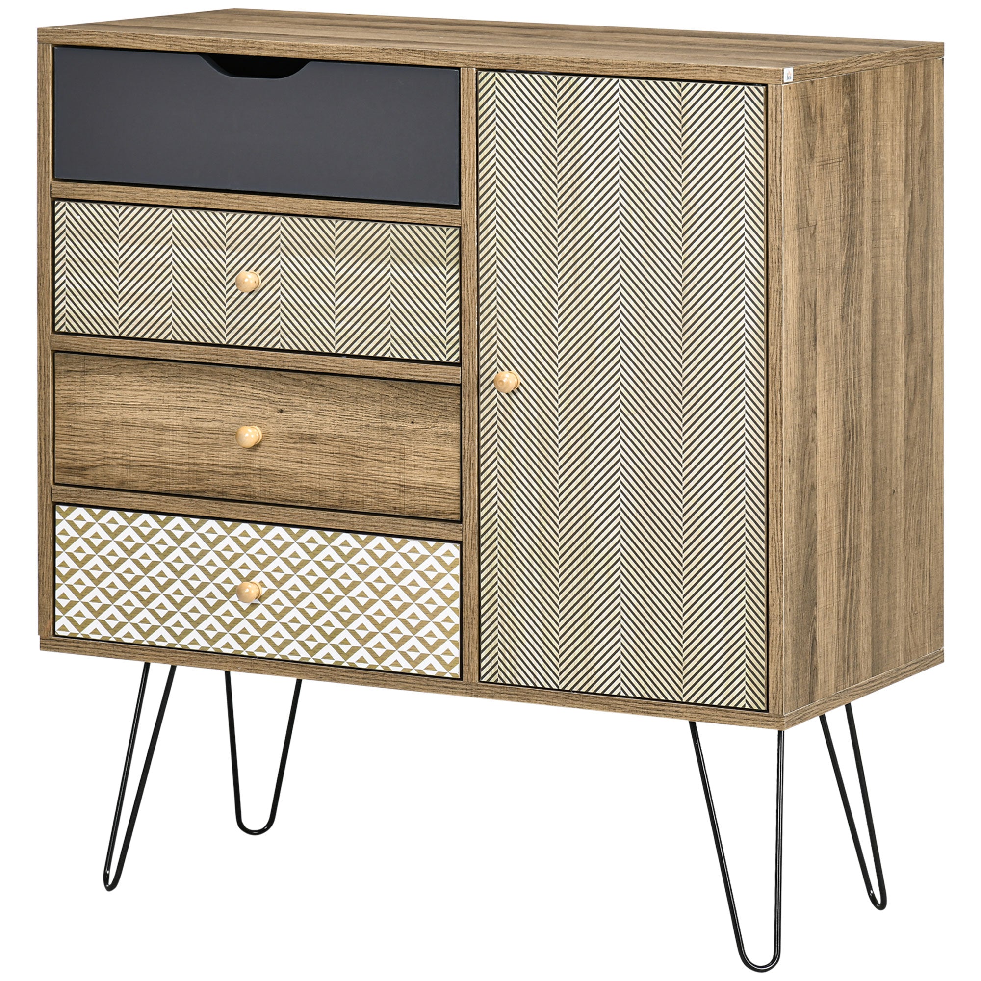 Storage Cabinet Chest of 4 Drawers 1 Cupboard - Hairpin Legs - Bohemian Style - 79 x 39 x 86 cm Brown