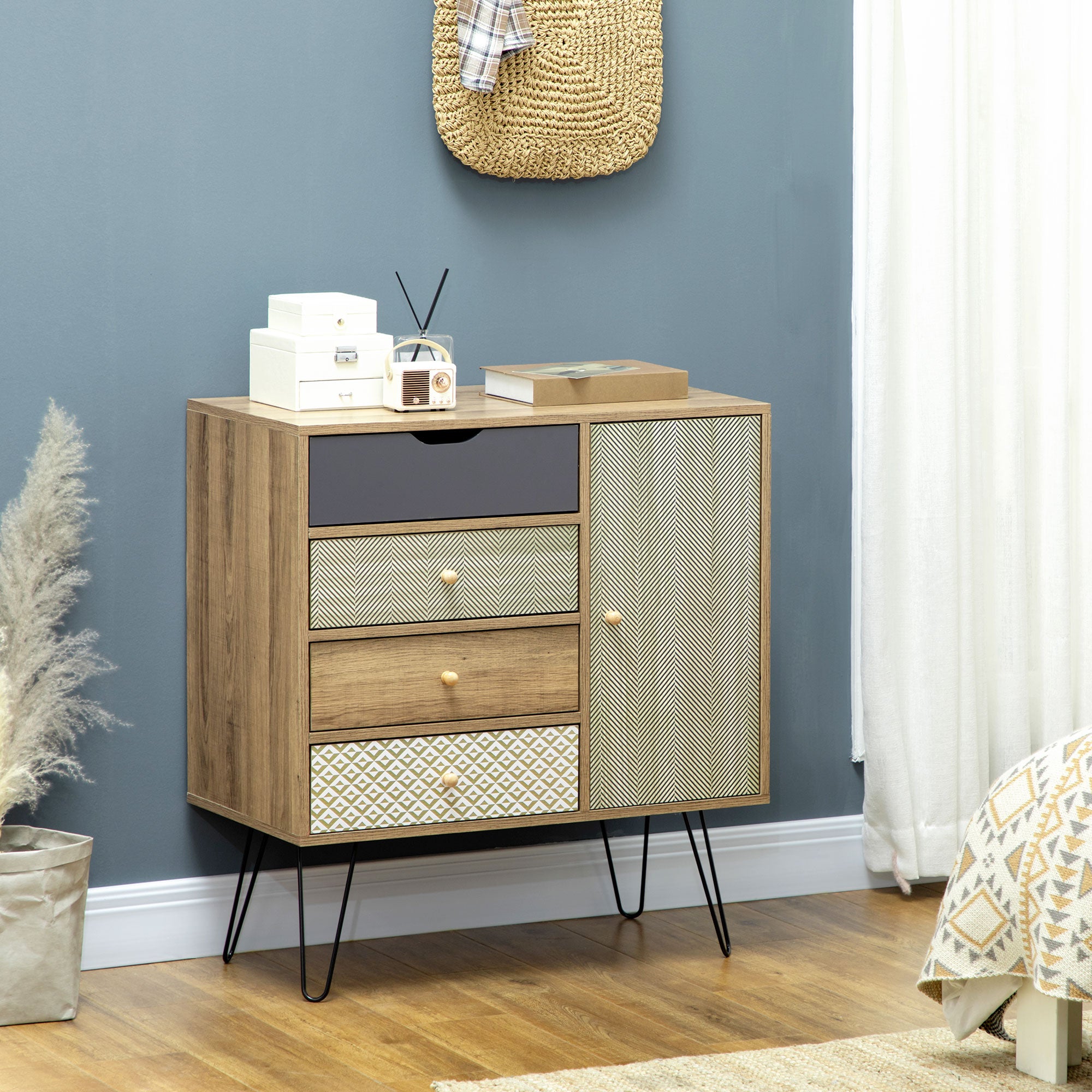 Storage Cabinet Chest of 4 Drawers 1 Cupboard - Hairpin Legs - Bohemian Style - 79 x 39 x 86 cm Brown
