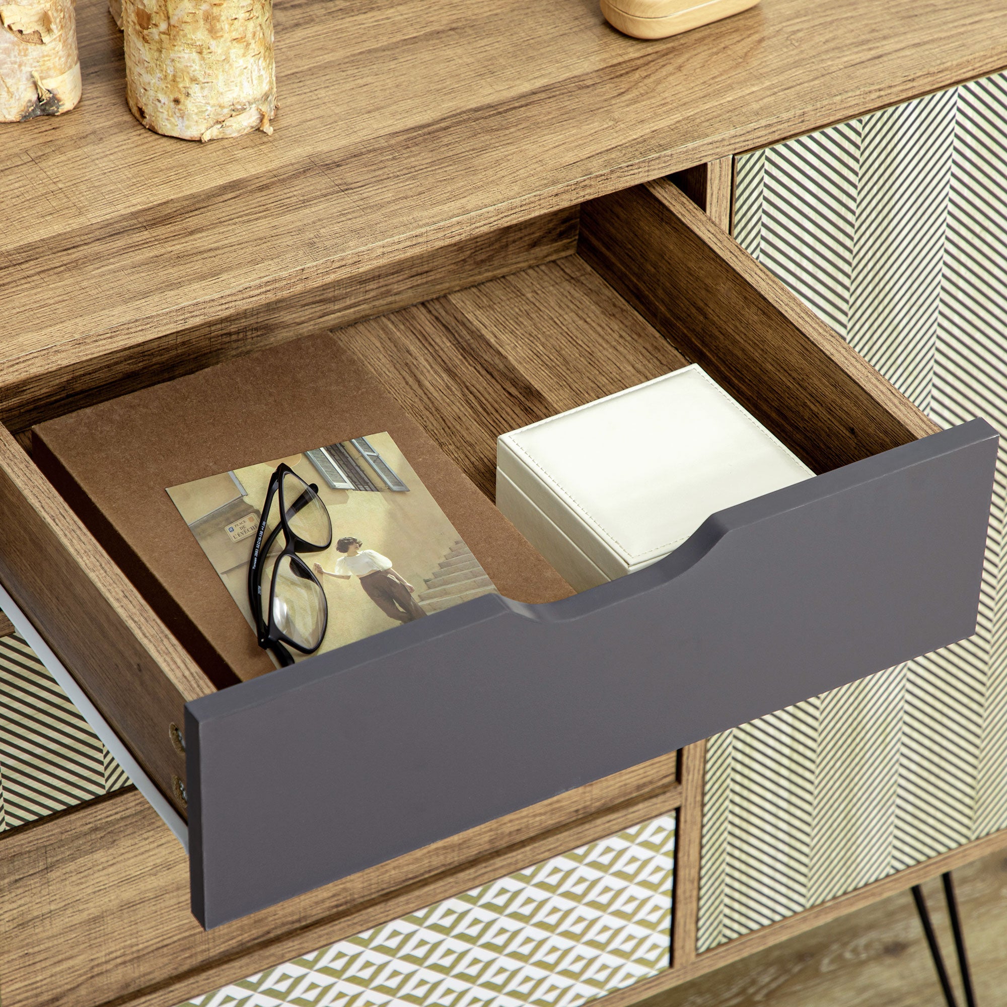 Storage Cabinet Chest of 4 Drawers 1 Cupboard - Hairpin Legs - Bohemian Style - 79 x 39 x 86 cm Brown