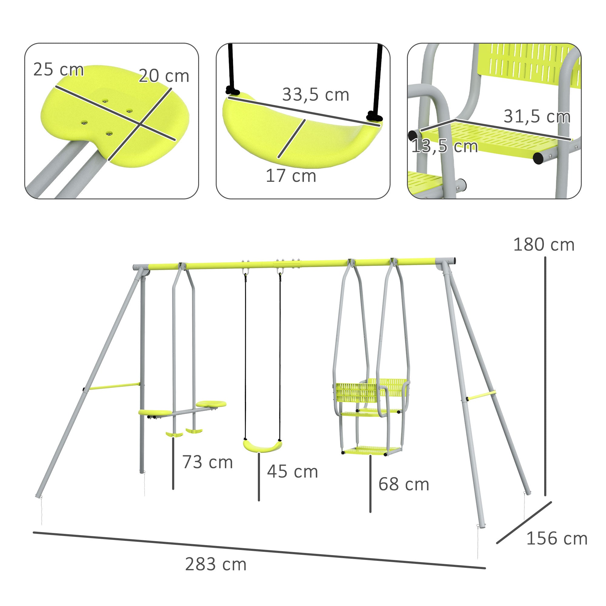 3-in-1 Children's Swing Set with 1 Regular Seat and 3 Swings, Metal Frame, Max Load 225 kg, Outdoor Play Area, Green