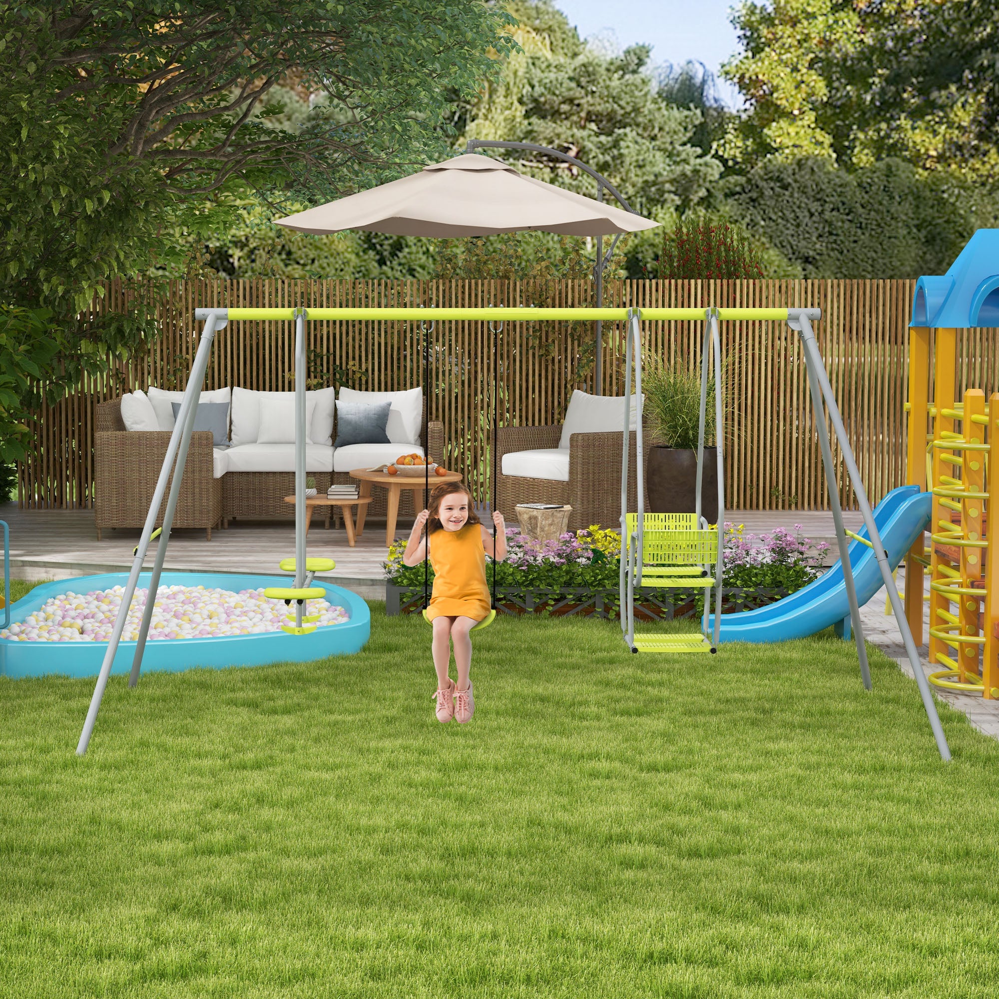 3-in-1 Children's Swing Set with 1 Regular Seat and 3 Swings, Metal Frame, Max Load 225 kg, Outdoor Play Area, Green