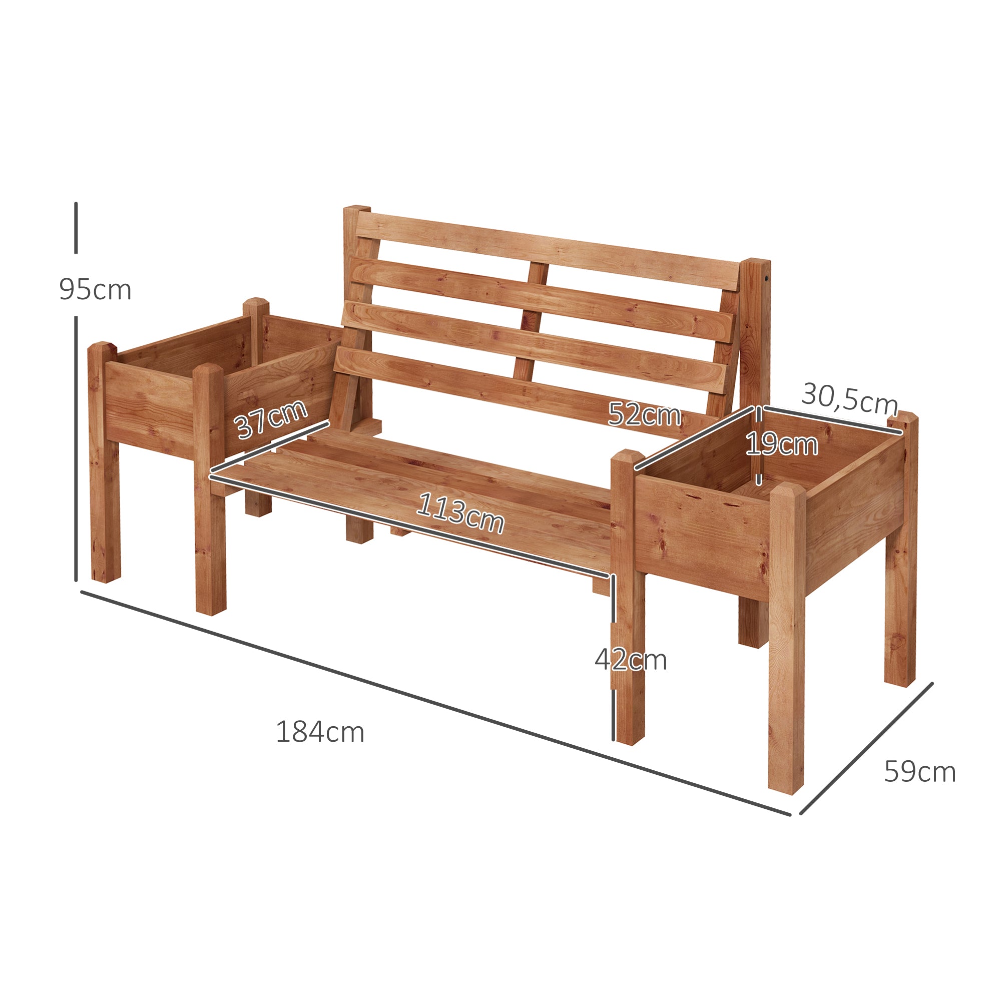 Garden Bench, 2-Seater, Wooden Bench with Flower Box, for Garden, Terrace, Weight Capacity up to 240 kg, 184 x 59 x 95 cm, Dark Brown