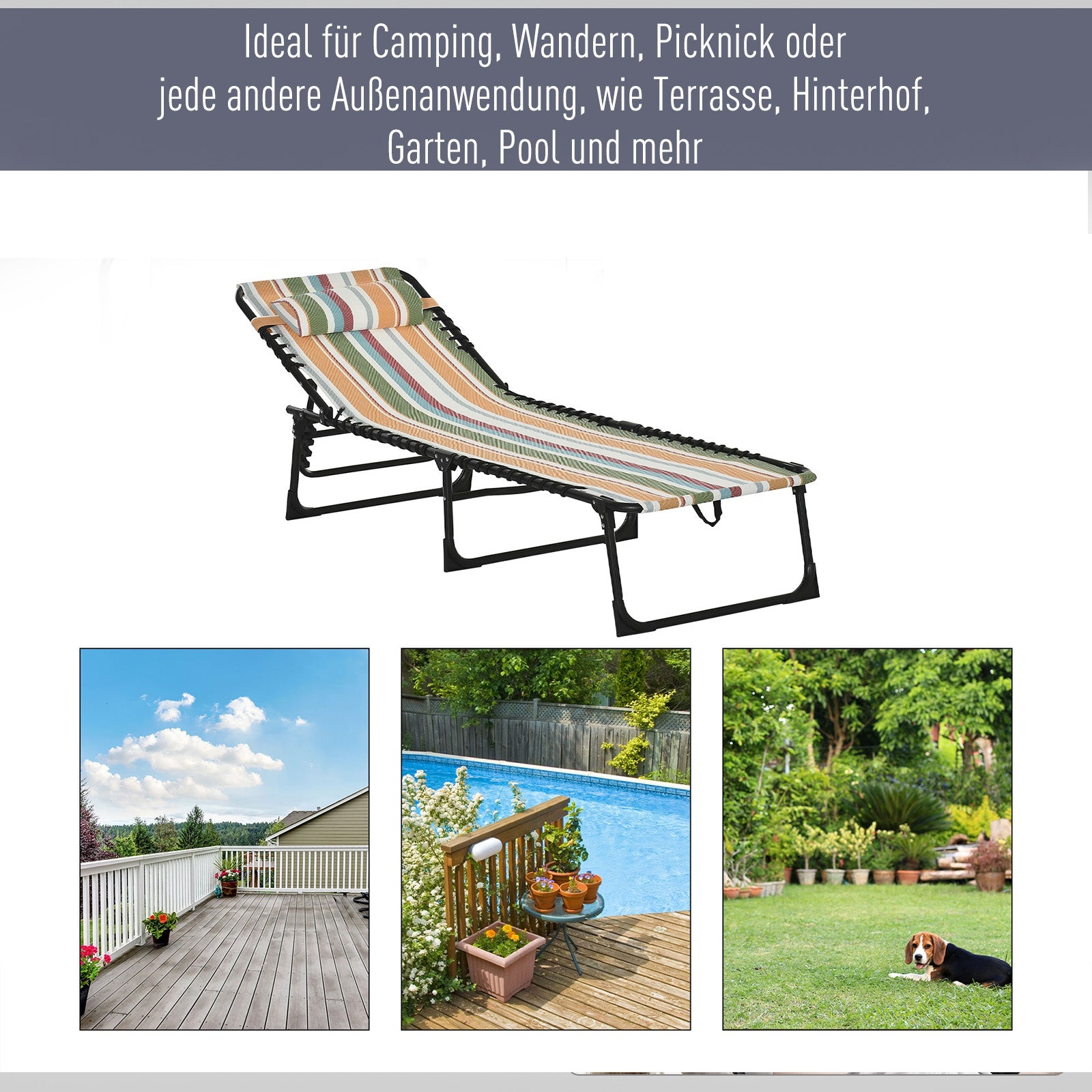 Folding Sun Lounger Garden Lounger, Recliner with 4-Level Adjustable Backrest, Weather-Resistant Camping Lounger up to 120 kg load capacity, for Garden Beach Pool, Multicolor