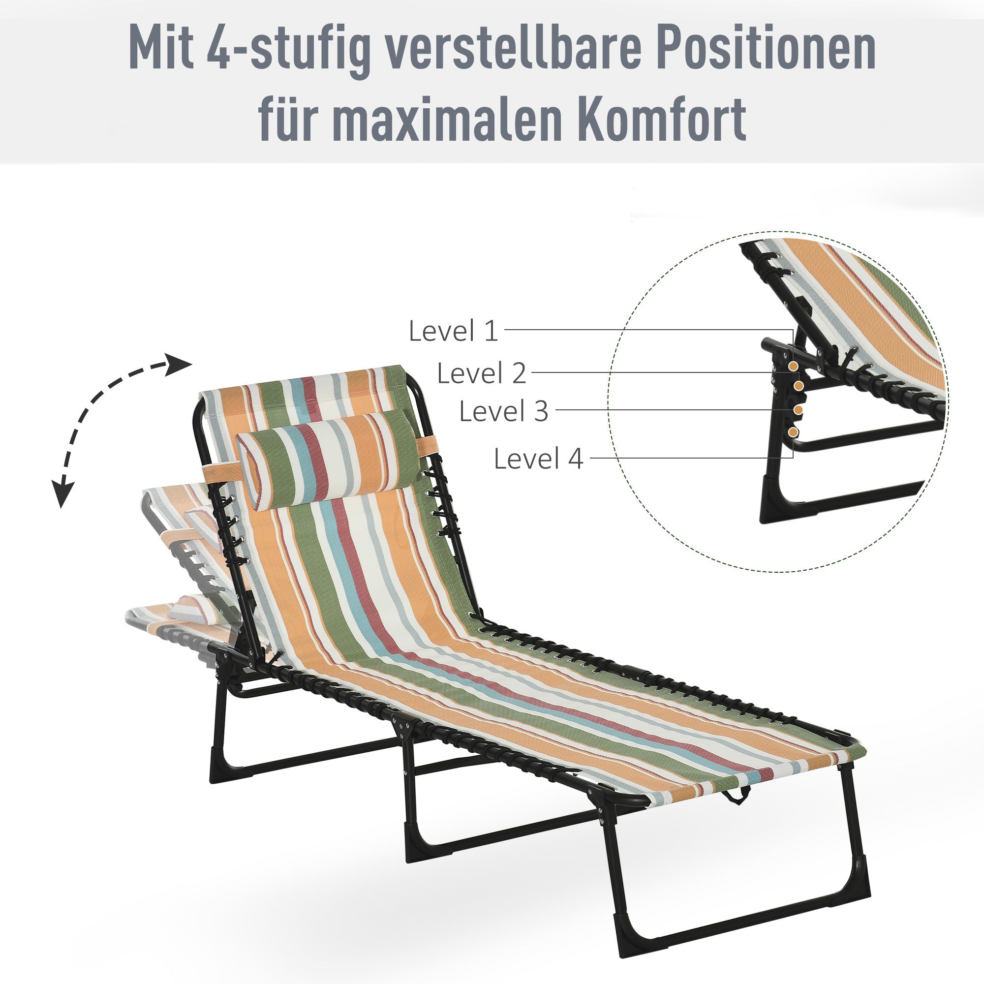 Folding Sun Lounger Garden Lounger, Recliner with 4-Level Adjustable Backrest, Weather-Resistant Camping Lounger up to 120 kg load capacity, for Garden Beach Pool, Multicolor