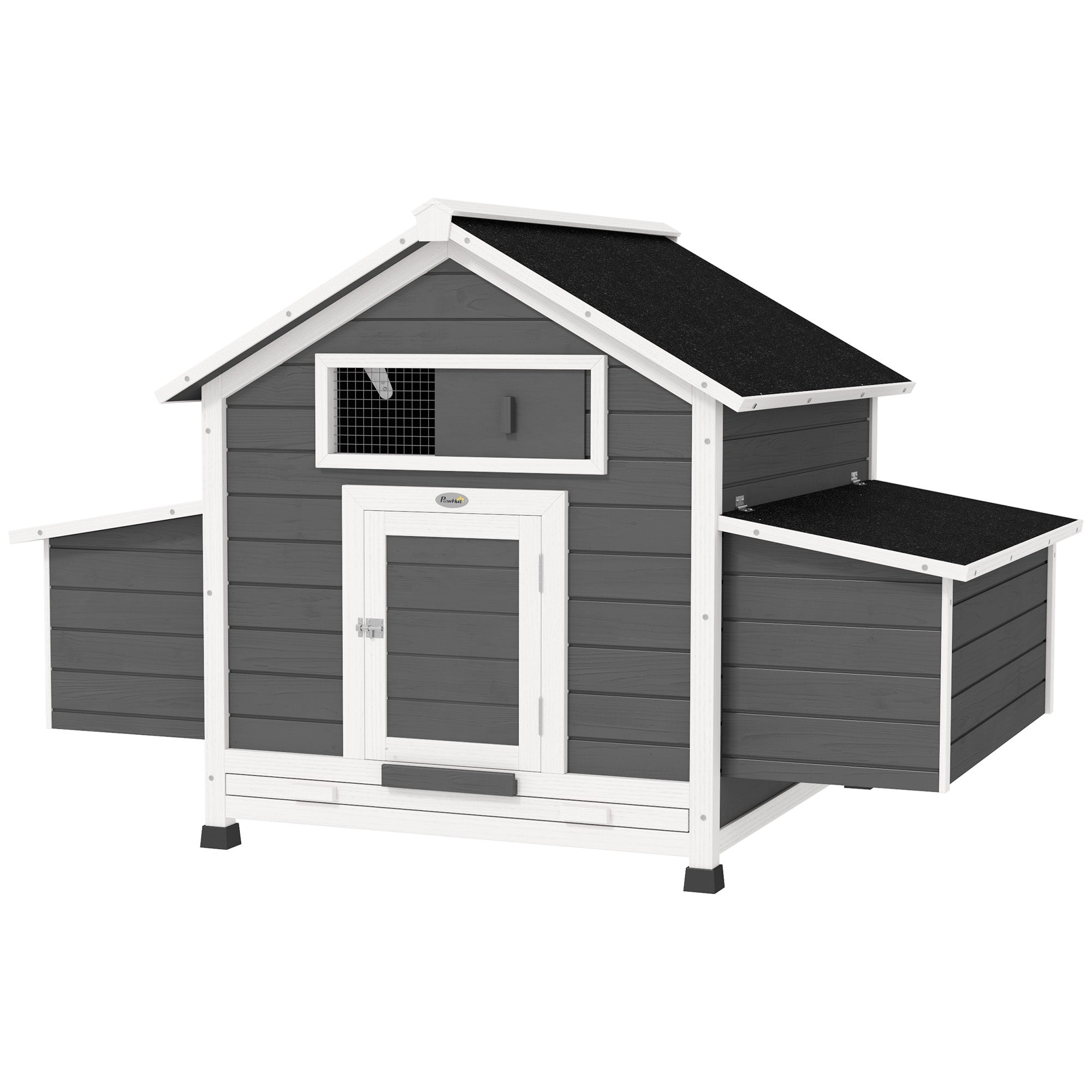 Outdoor Chicken Coop Wooden Chicken Coop for 2-4 Chickens with 2 Nesting Boxes Removable Tray Hinged Roof 150x100x96.5 cm Gray and White