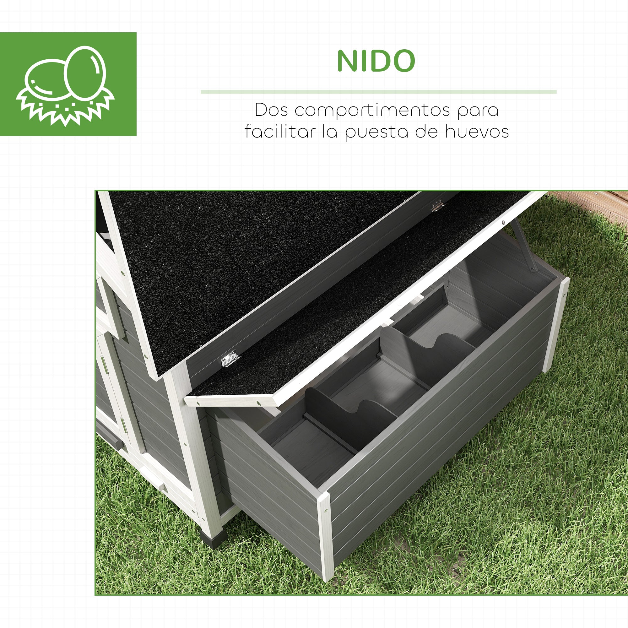 Outdoor Chicken Coop Wooden Chicken Coop for 2-4 Chickens with 2 Nesting Boxes Removable Tray Hinged Roof 150x100x96.5 cm Gray and White