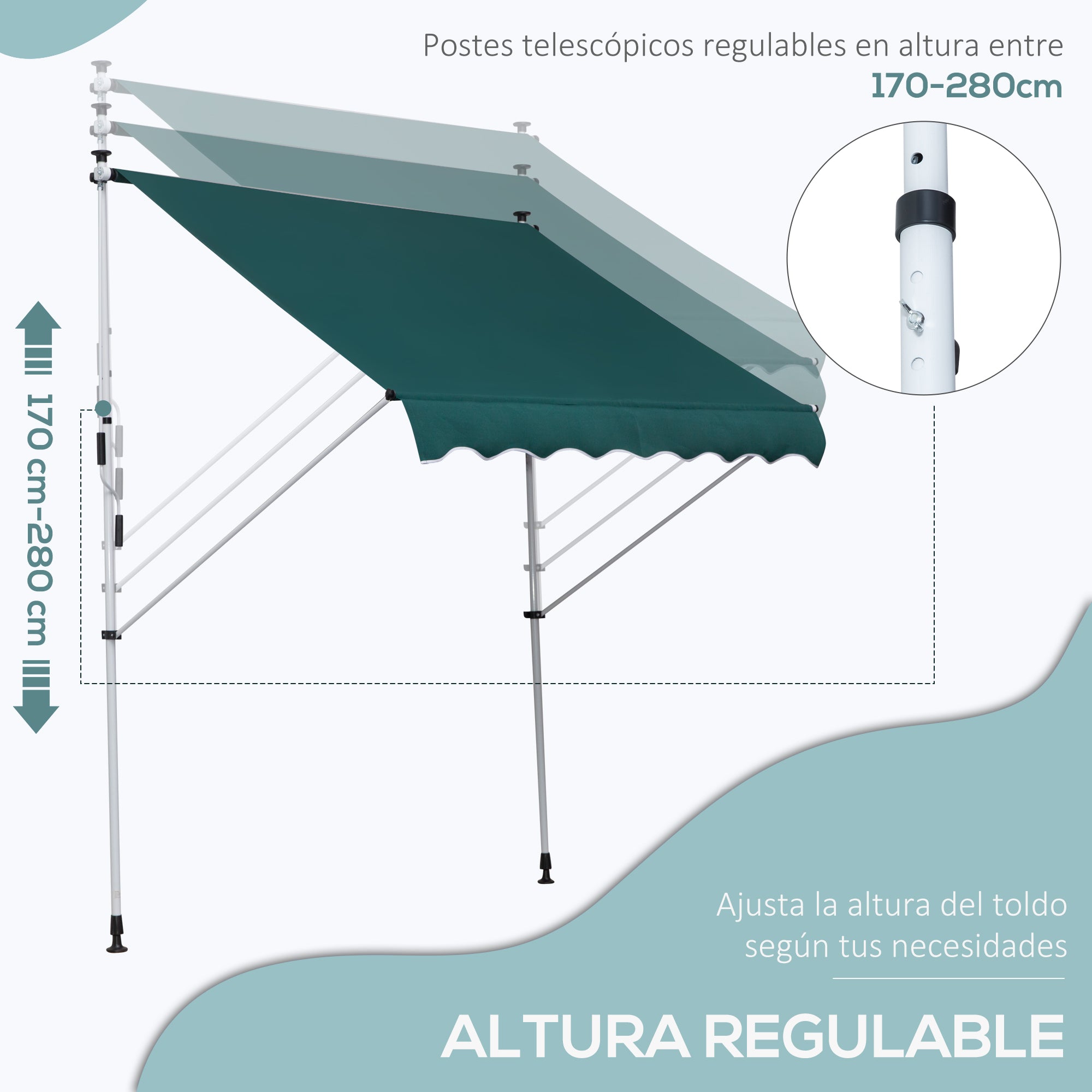 Manual Retractable Awning 2x1.5 m Outdoor Terrace Awning Adjustable Height with Crank 170-280 cm No Drill for Balcony Garden Green