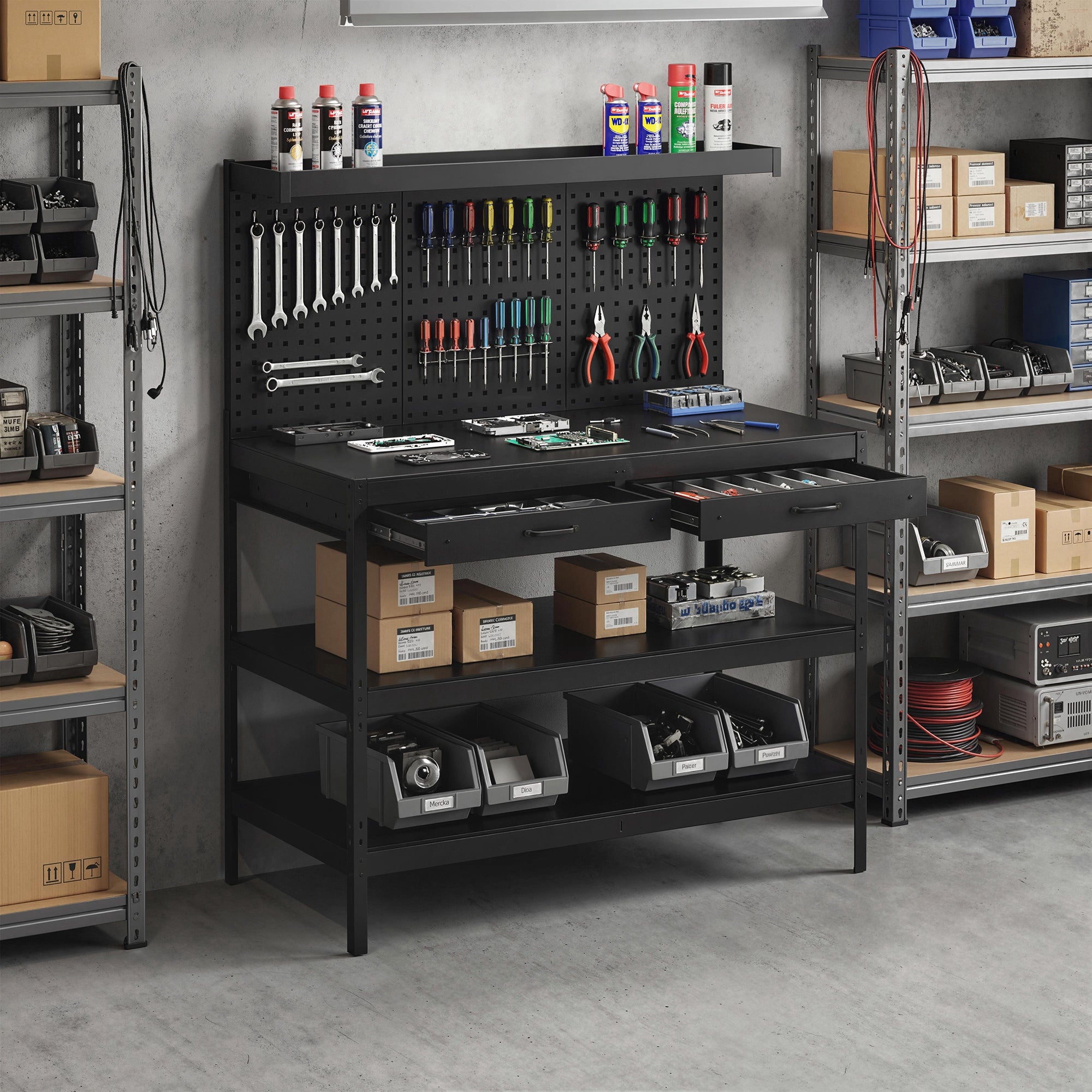 Workbench with Pegboard — Heavy-Duty Workstation with 2 Drawers & 2 Adjustable Shelves, 600 lb Capacity, 48 x 24 x 61.4 in (122 x 61 x 156 cm), Black