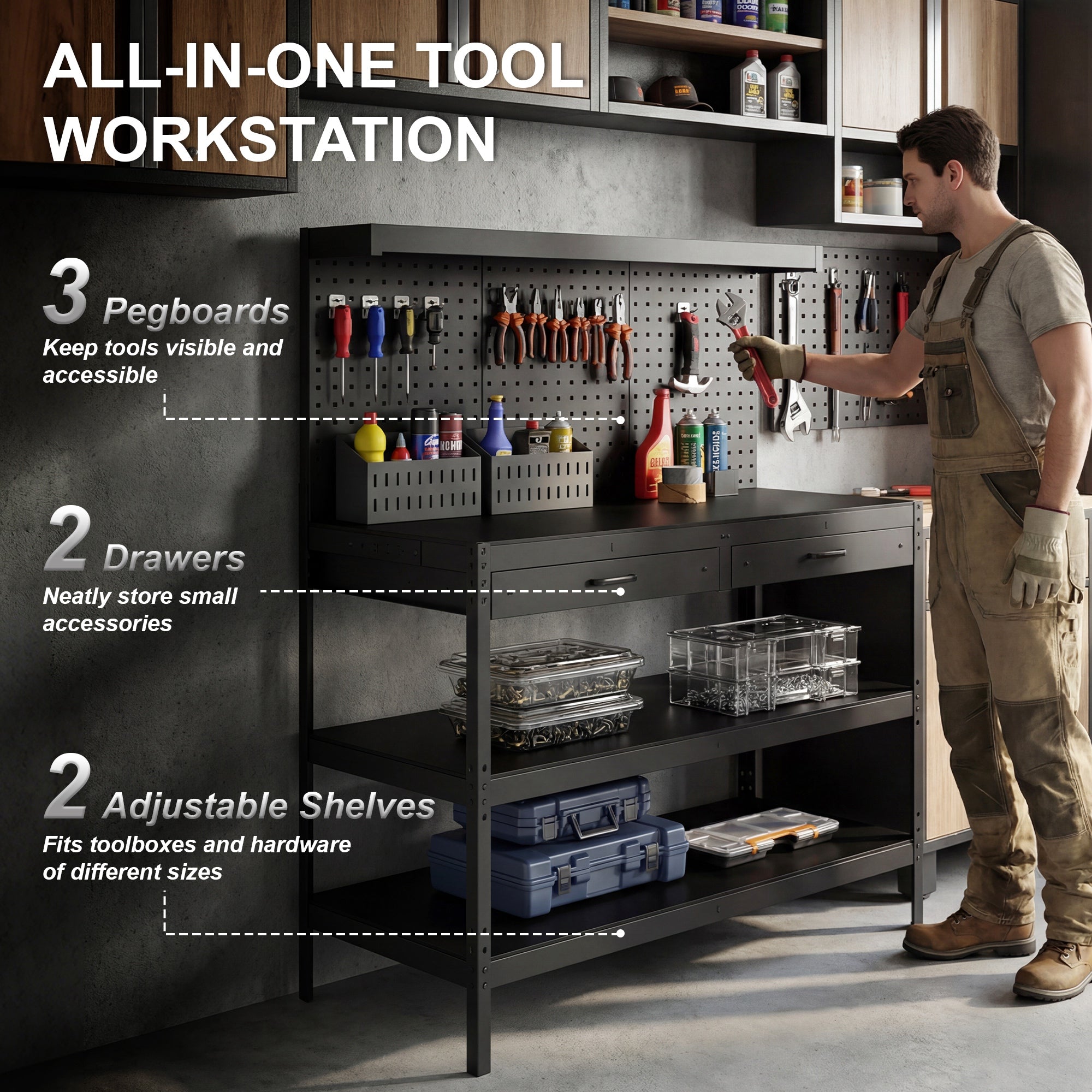 Workbench with Pegboard — Heavy-Duty Workstation with 2 Drawers & 2 Adjustable Shelves, 600 lb Capacity, 48 x 24 x 61.4 in (122 x 61 x 156 cm), Black