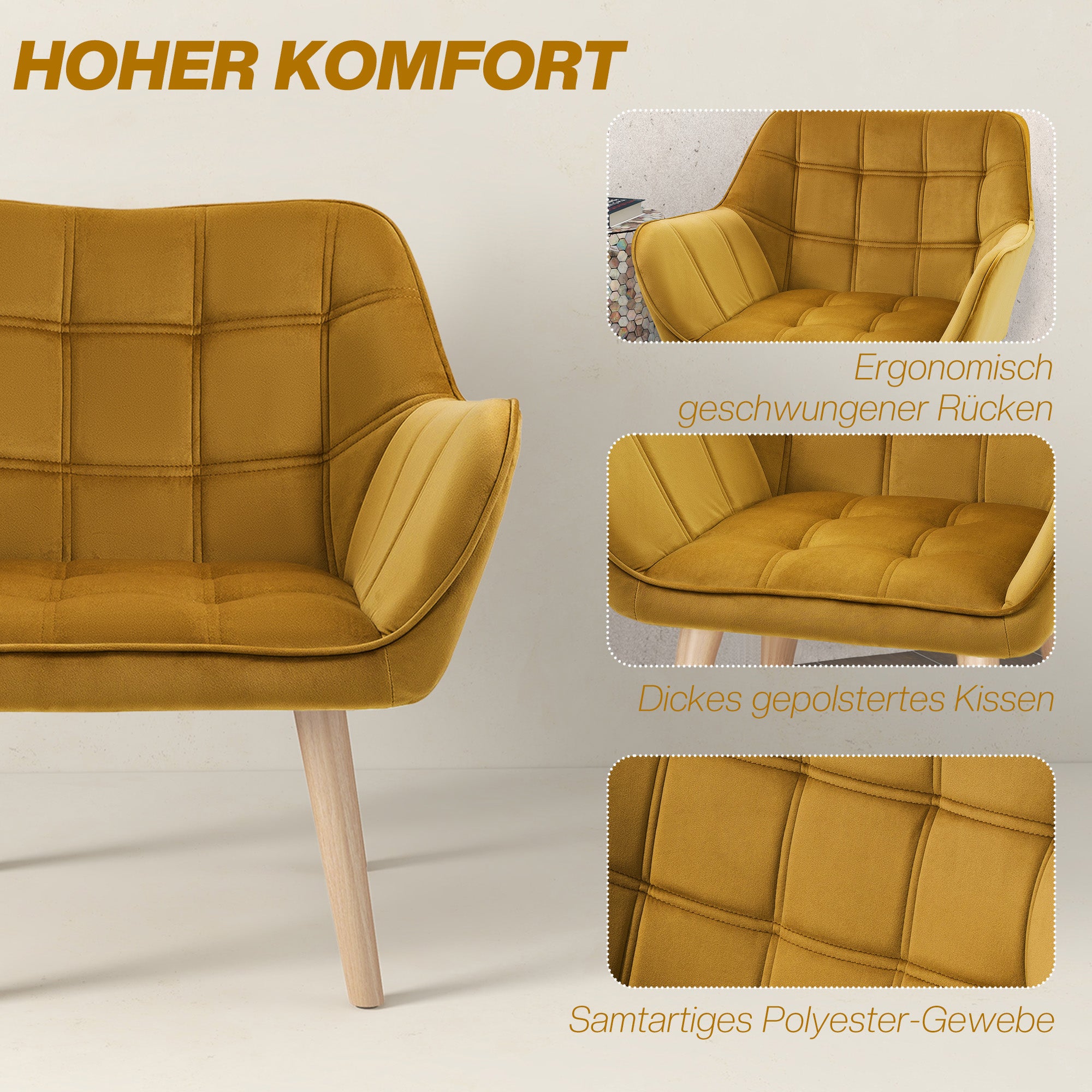 Armchair Living Room Wing Chair Lounge Chair Recliner with Rubberwood Legs, Reading Chair with Velvet Look, Upholstered Chair for Bedroom, Scandinavian, Yellow