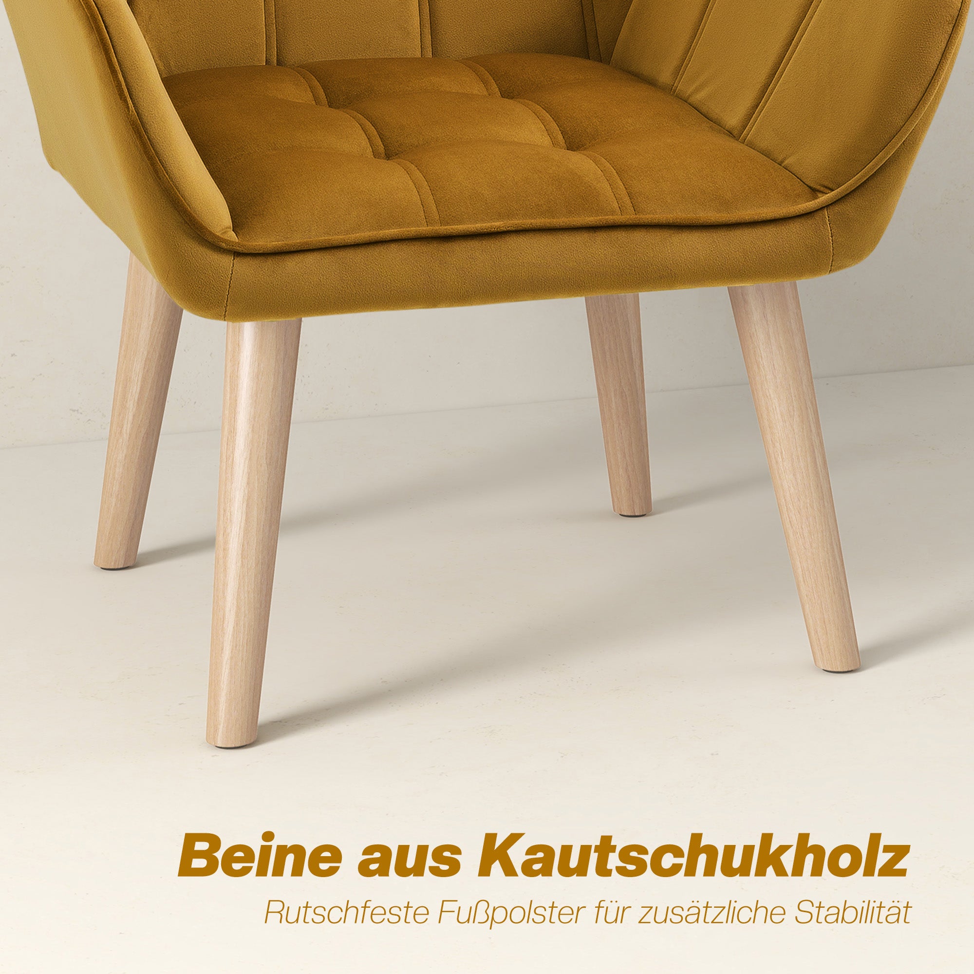 Armchair Living Room Wing Chair Lounge Chair Recliner with Rubberwood Legs, Reading Chair with Velvet Look, Upholstered Chair for Bedroom, Scandinavian, Yellow