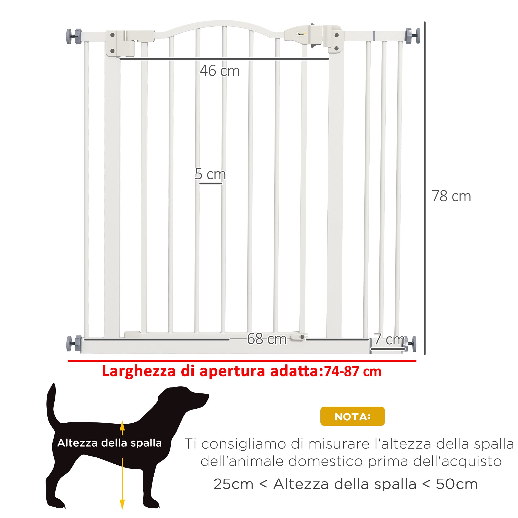 78 cm Indoor Dog Gate, Safety Dog Gate, Extensible Dog Barrier 74-87 cm with Double Lock and Automatic Closure for Stairs and Door, White