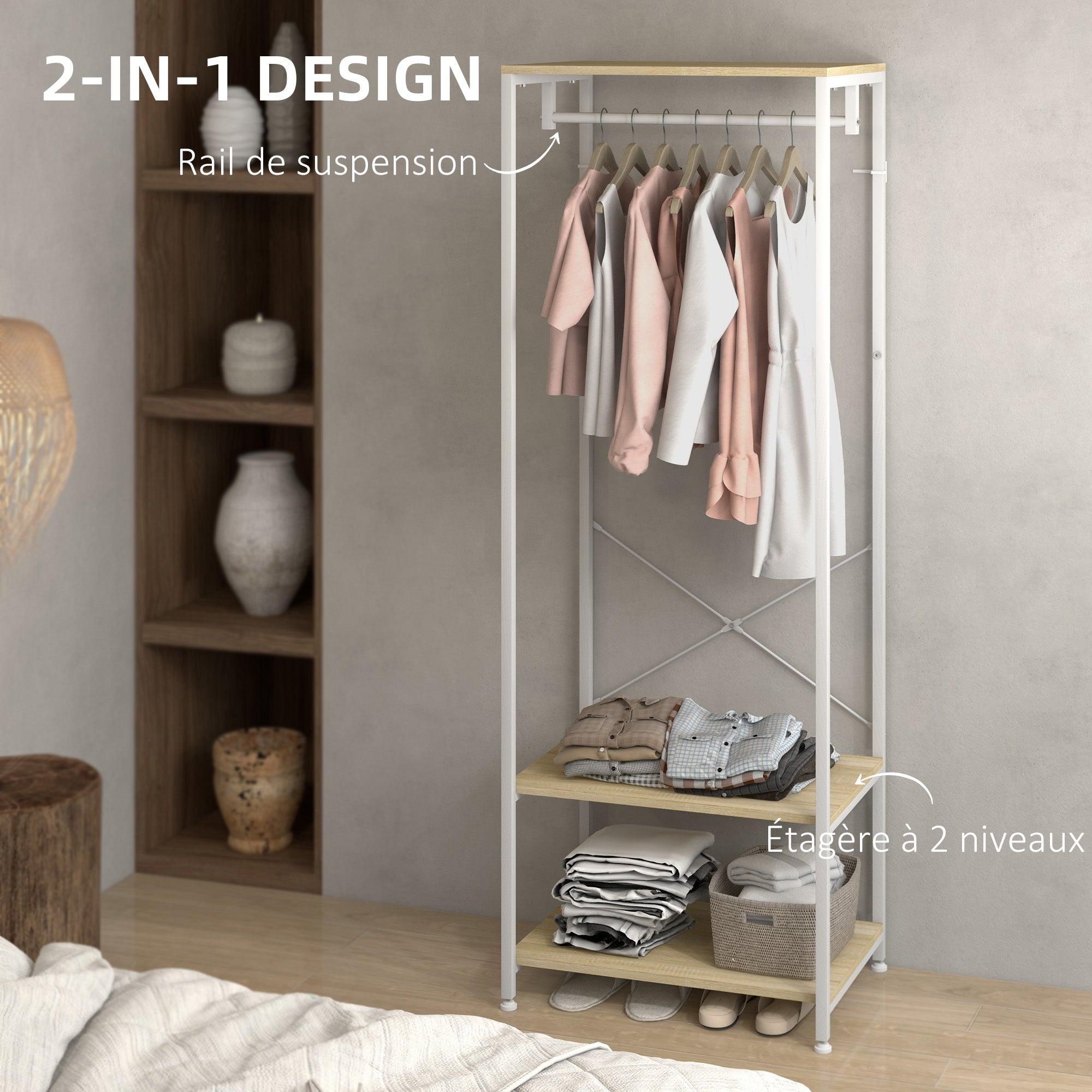 Coat Rack with Shoe Shelf Entryway Furniture Entry Hall Industrial Style 60L x 40W x 167.5H cm Light Wood Look White Metal
