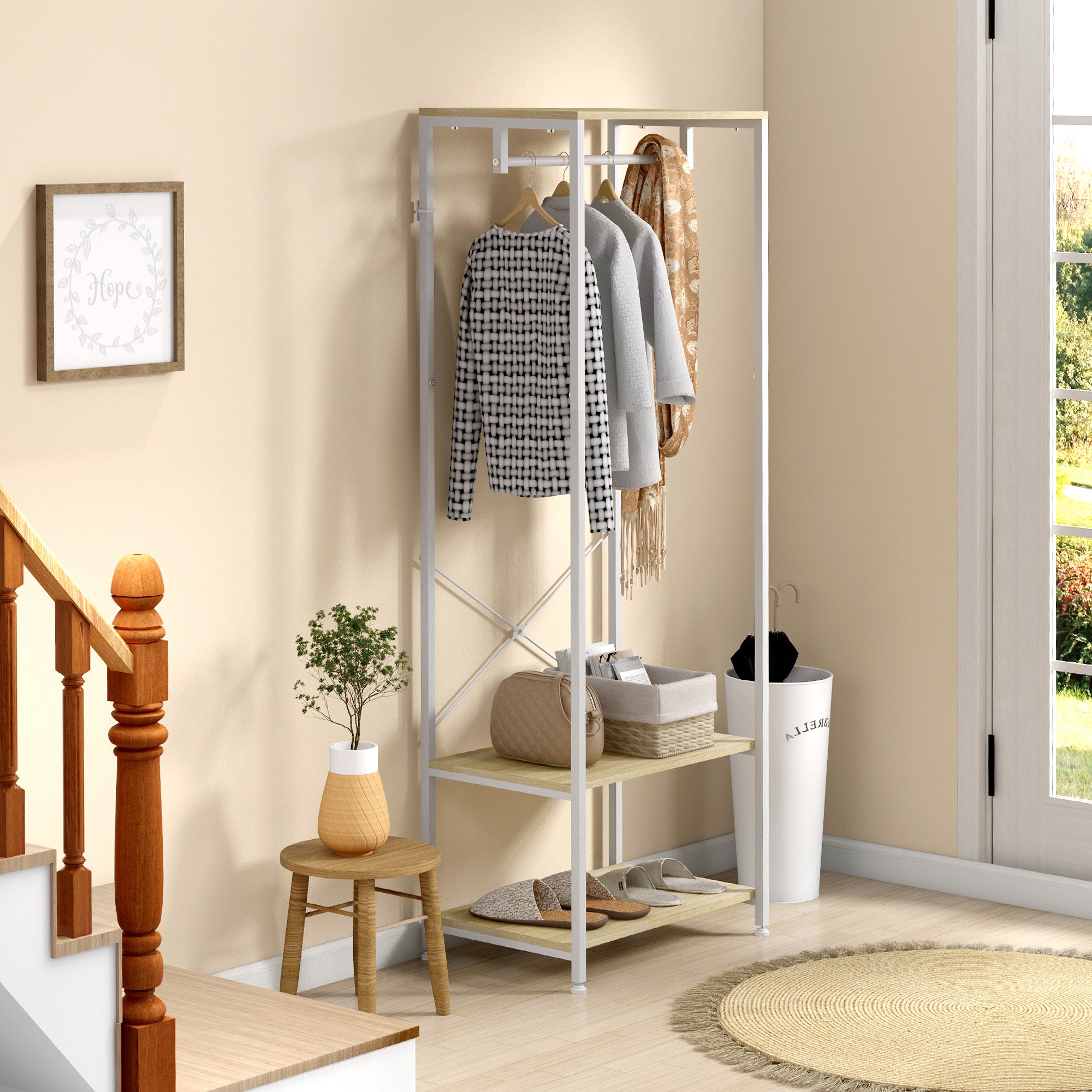 Coat Rack with Shoe Shelf Entryway Furniture Entry Hall Industrial Style 60L x 40W x 167.5H cm Light Wood Look White Metal