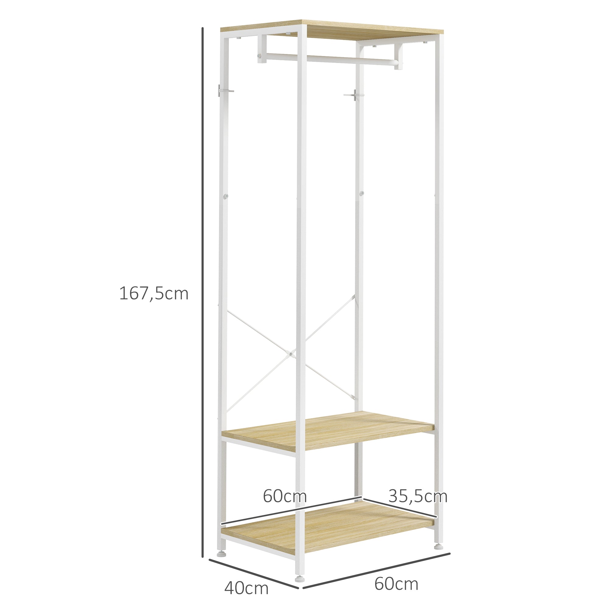 Coat Rack with Shoe Shelf Entryway Furniture Entry Hall Industrial Style 60L x 40W x 167.5H cm Light Wood Look White Metal