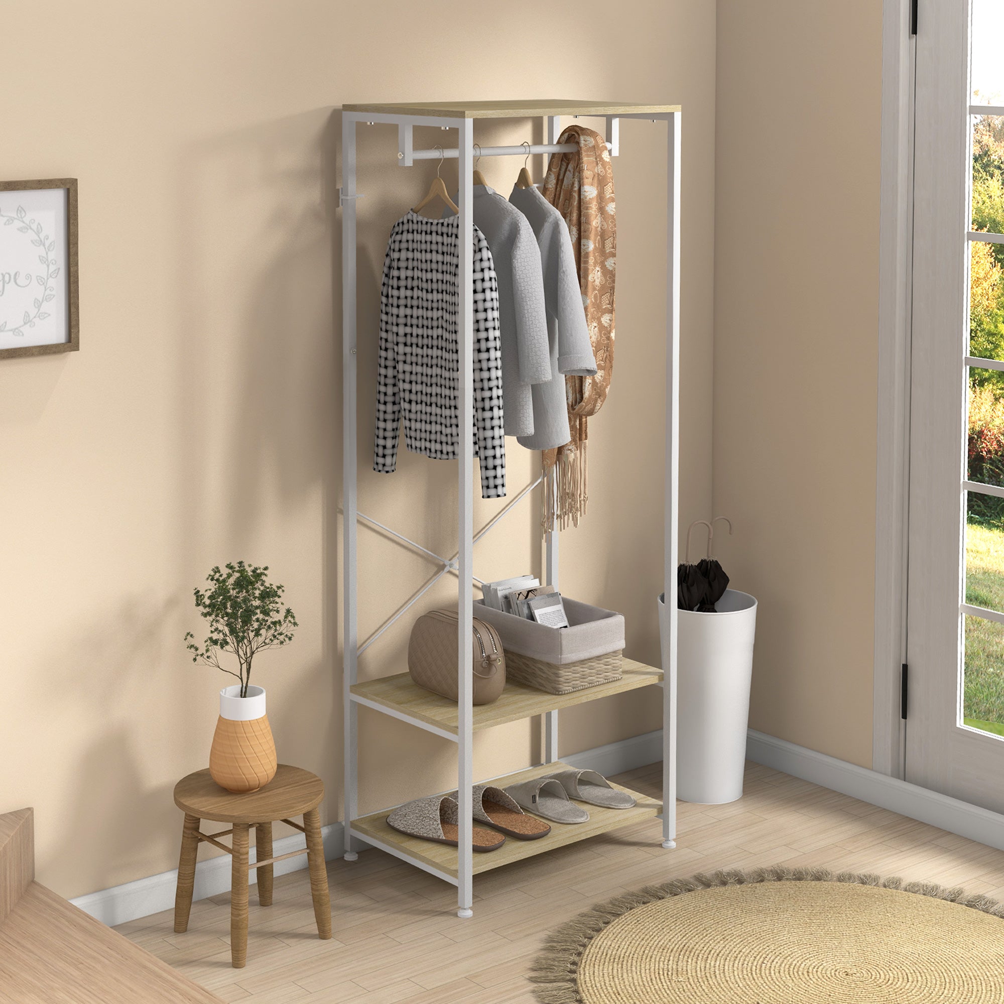 Coat Rack with Shoe Shelf Entryway Furniture Entry Hall Industrial Style 60L x 40W x 167.5H cm Light Wood Look White Metal