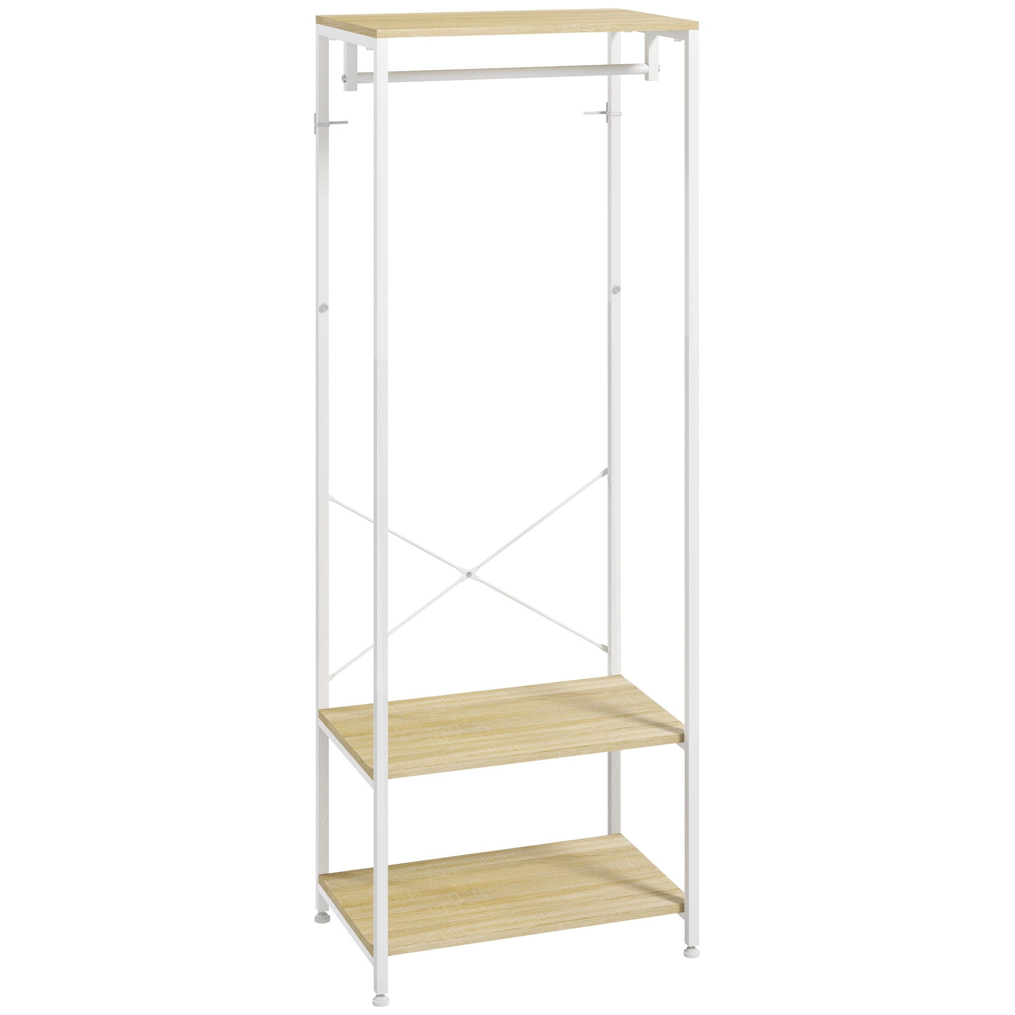 Coat Rack with Shoe Shelf Entryway Furniture Entry Hall Industrial Style 60L x 40W x 167.5H cm Light Wood Look White Metal