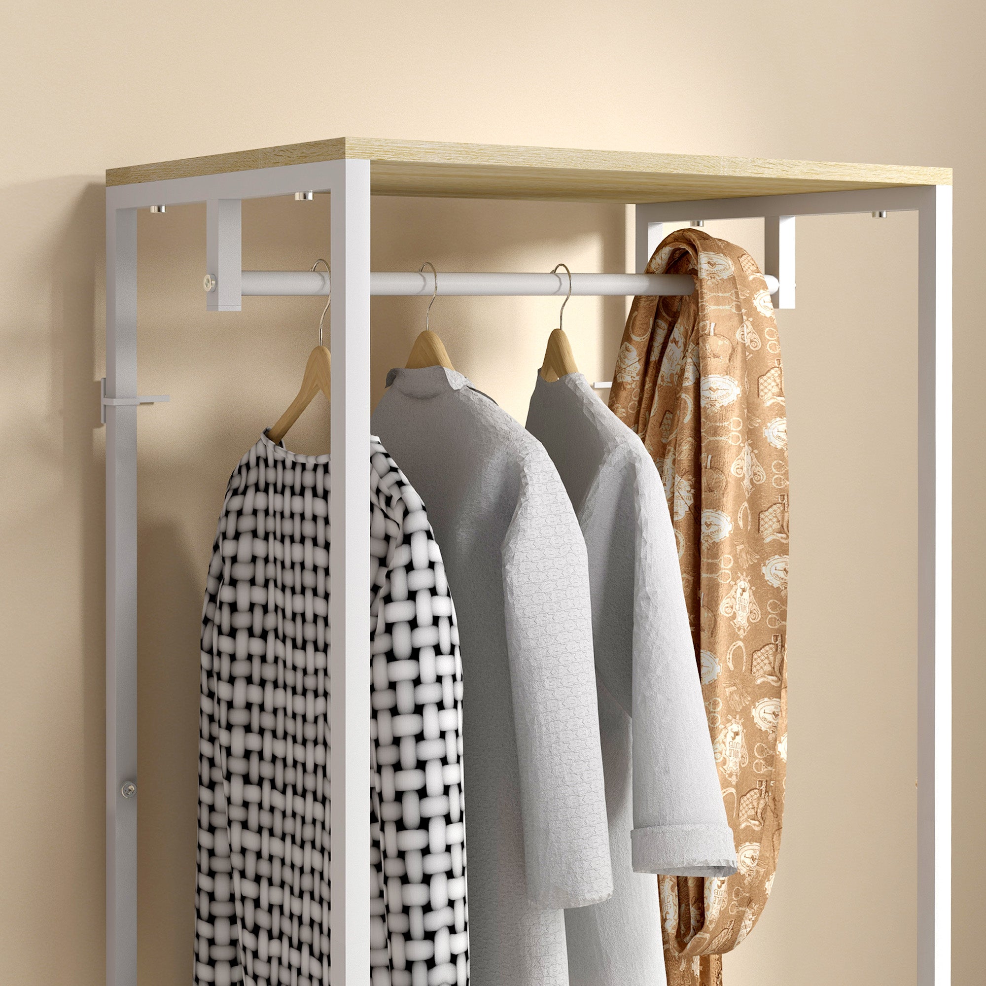 Coat Rack with Shoe Shelf Entryway Furniture Entry Hall Industrial Style 60L x 40W x 167.5H cm Light Wood Look White Metal