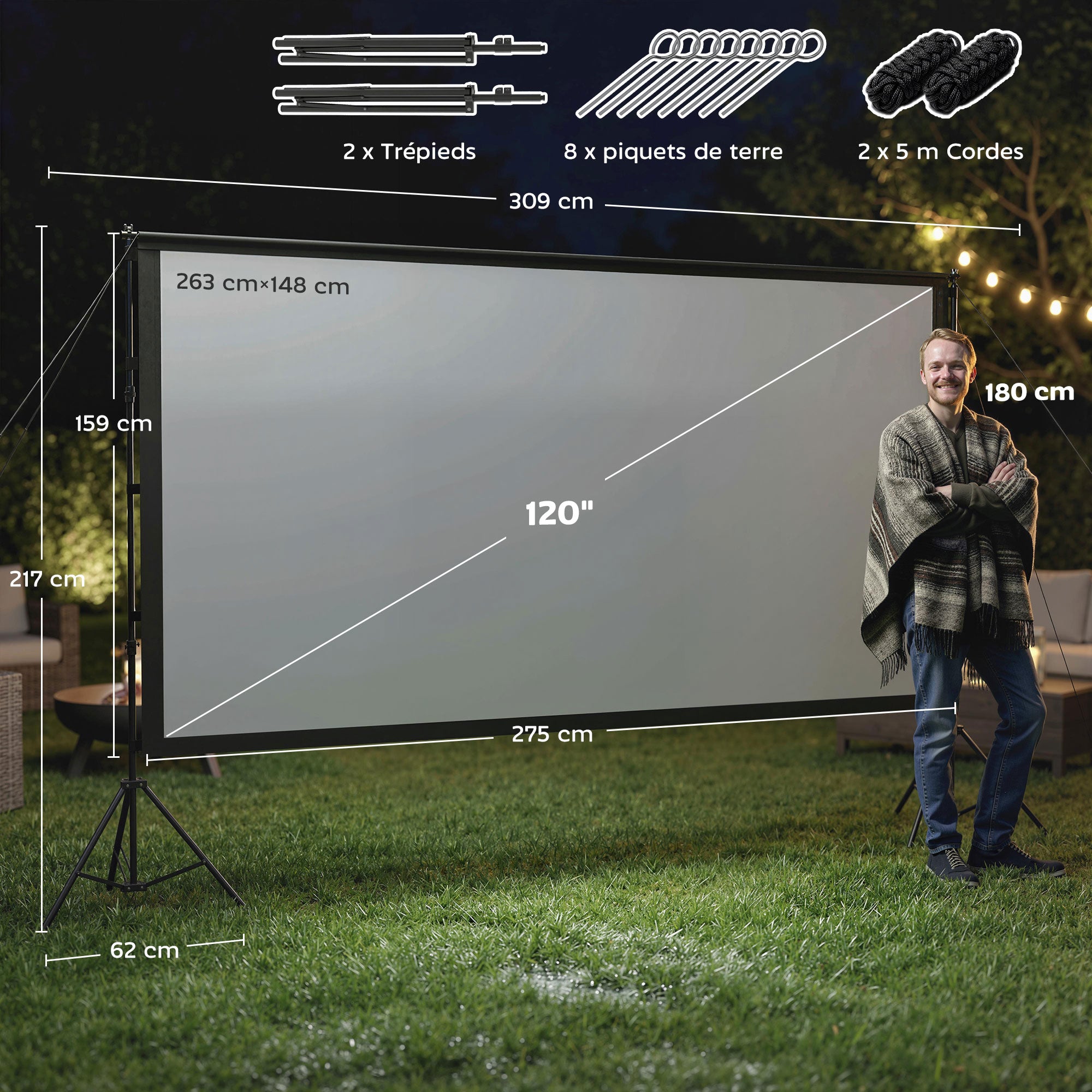 120-inch 16:9 Portable Projection Screen with Dual Tripods, 4K/8K Compatible — 309 x 62 x 217 cm (121.7 x 24.4 x 85.4 in), Double-sided Fabric, 160° Viewing Angle — Home Theater, Office, Travel