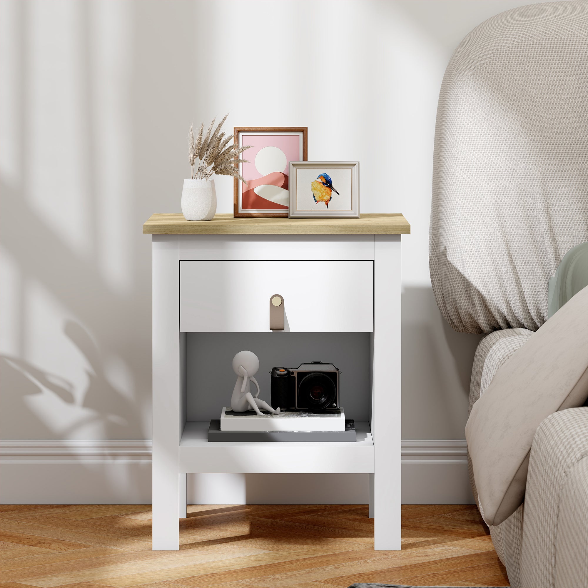 Modern Bedside Table Nightstand with Drawer Open Compartment Side Table for Living Room Bedroom 45x40x55 cm White