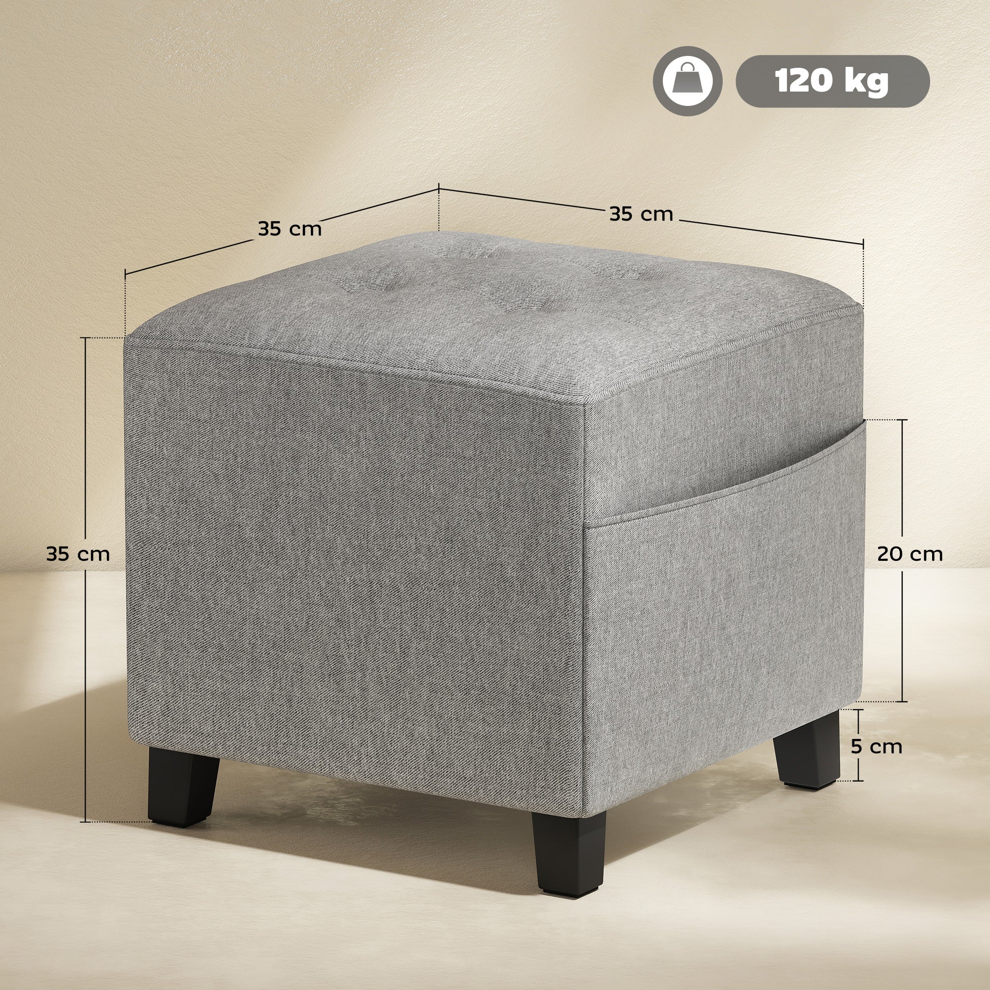 Square Ottoman with Side Pocket, Padded Seat, Rubberwood Legs, Linen-Look Fabric, 13.8 in, Light Gray