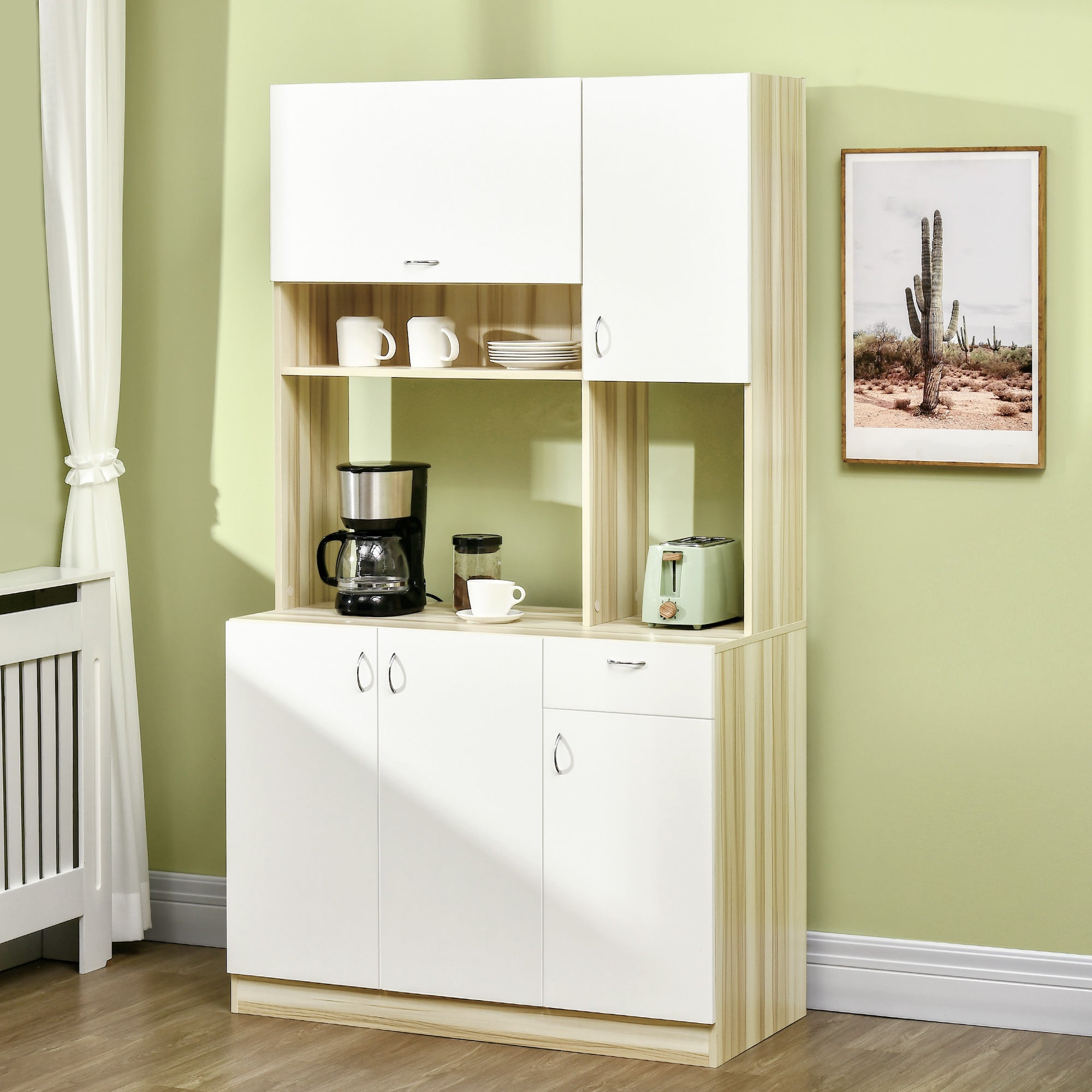 4-Door Kitchen Buffet with 3 Cabinets, Drawer, Hanging Cabinet, and Particle Board Countertop, 102x48x180cm, White and Wood Color