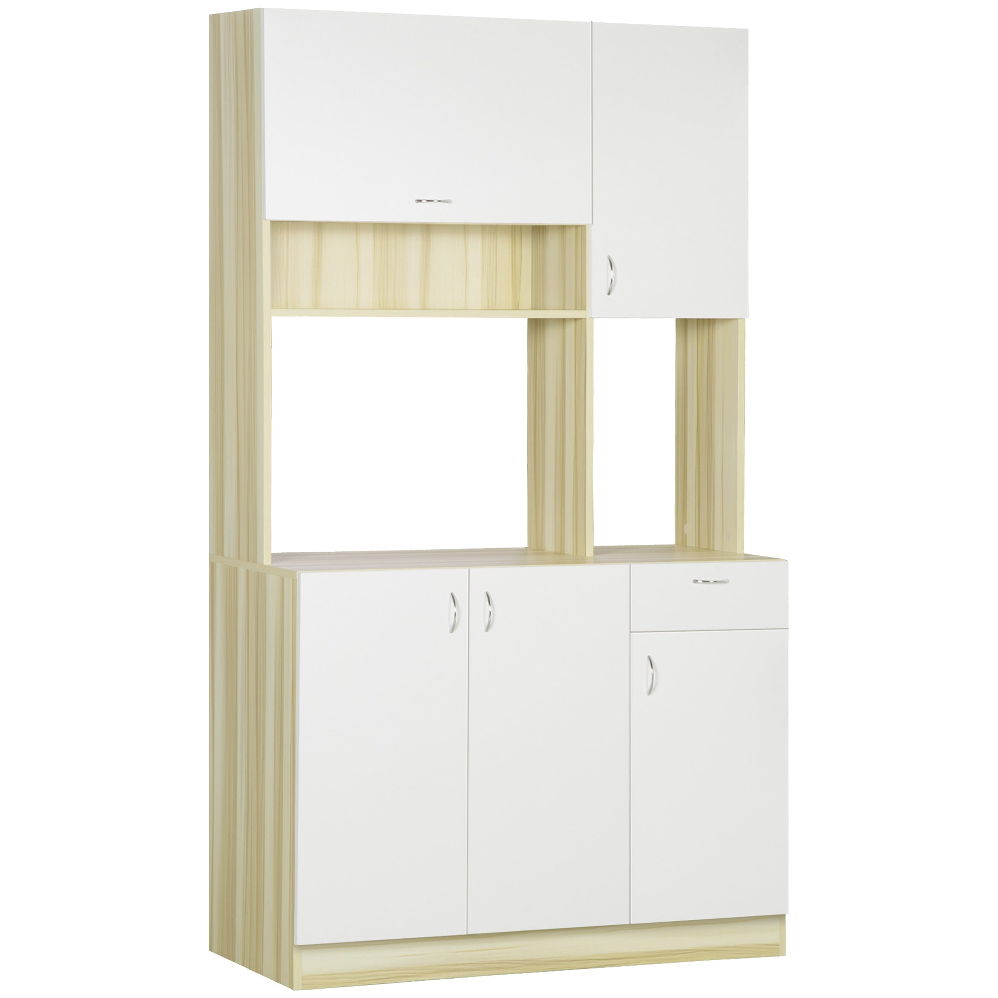 4-Door Kitchen Buffet with 3 Cabinets, Drawer, Hanging Cabinet, and Particle Board Countertop, 102x48x180cm, White and Wood Color