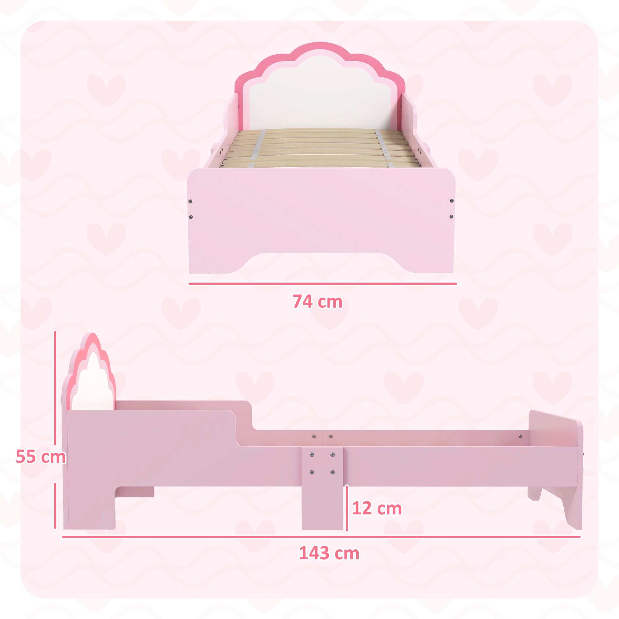 ZONEKIZ Children's Bed for 3 to 6-Year-Olds 143 x 74 x 55 cm Cloud Design - Slatted Base Included, Modern Pink Room