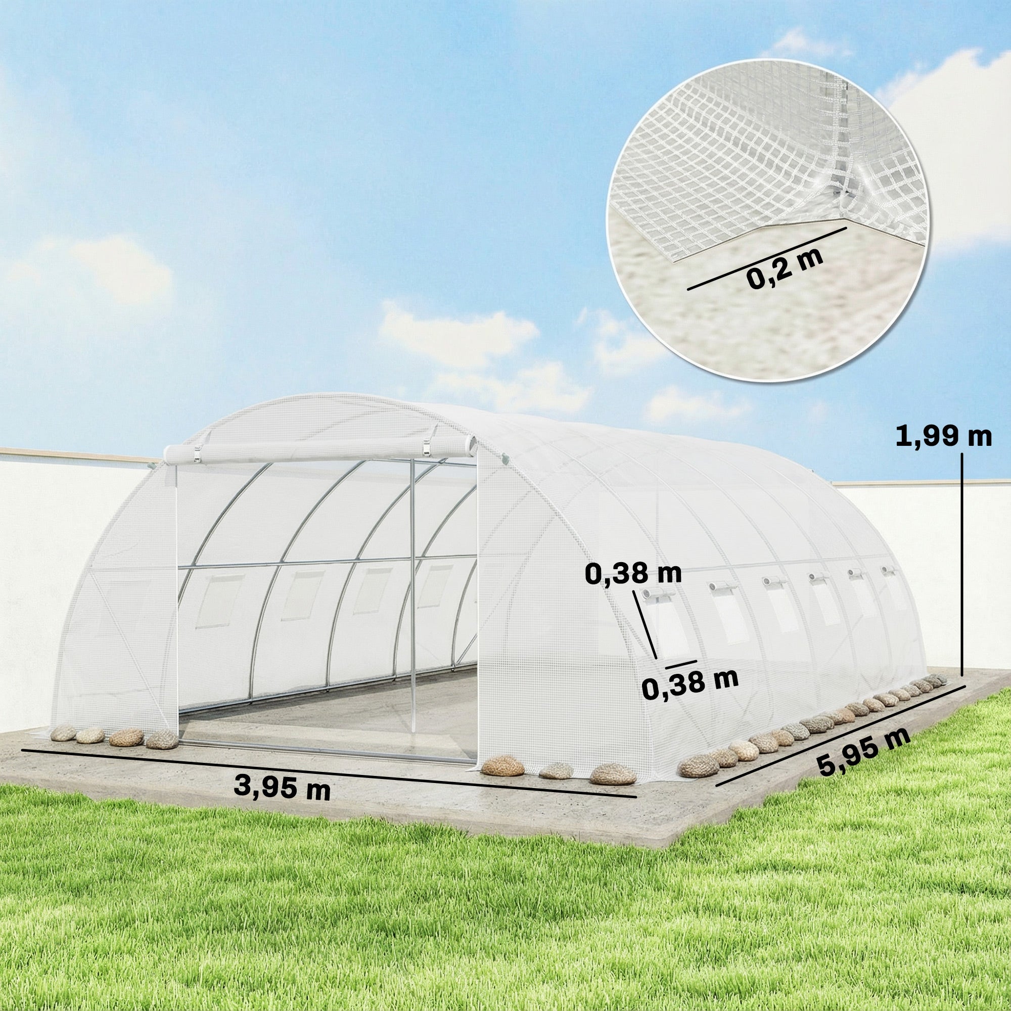 Outdoor Tunnel Greenhouse, 6 x 4 x 2 m – Galvanized Steel Frame, Waterproof UV-Resistant PE Cover, Roll-Up Doors & Mesh Windows, White