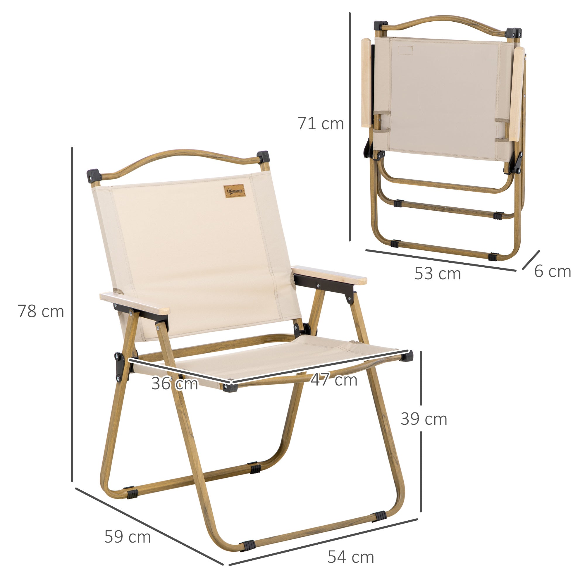 Camping Chair Fishing Chair Folding with Armrests - Oxford Fabric and Steel Frame - 54 x 59 x 78 cm - Khaki