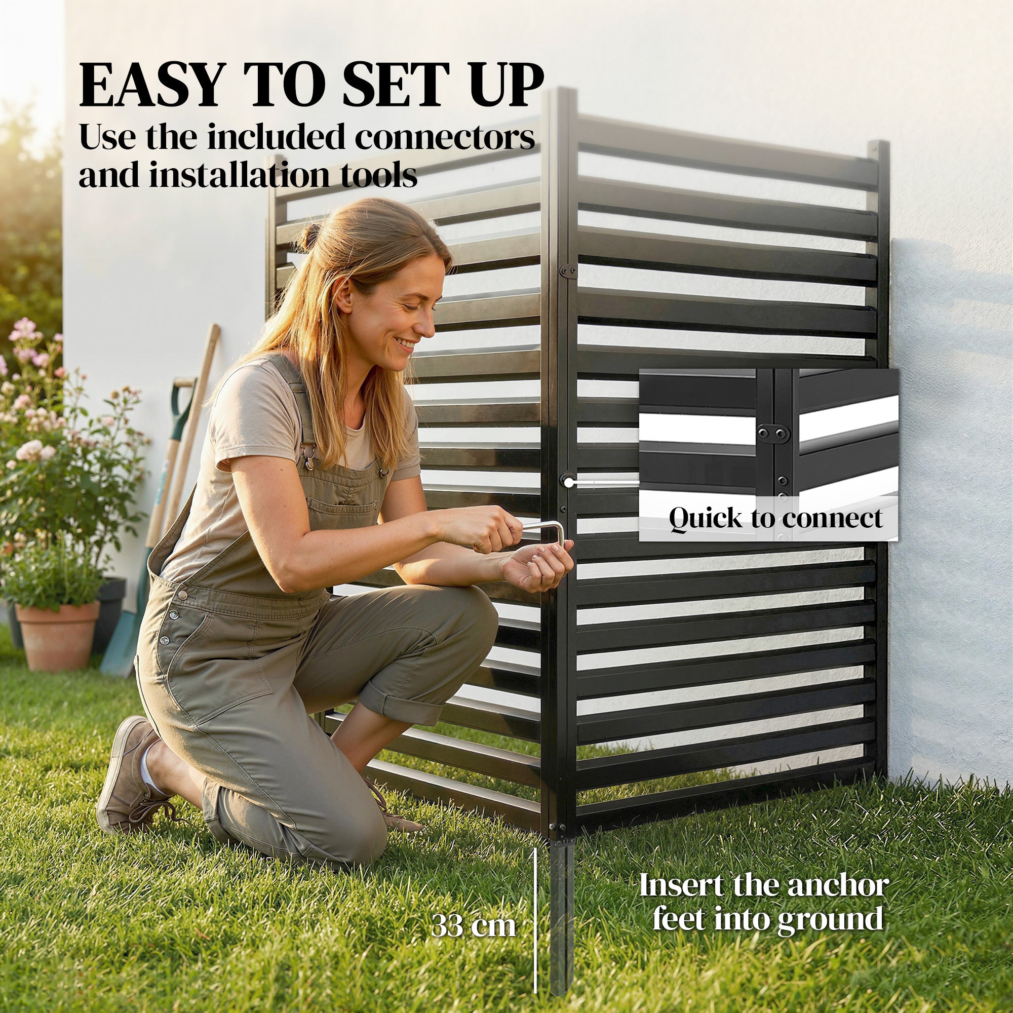 Garden Fence 2 Panels 59.8 x 35.8 in Metal Privacy Fence with Posts & End Caps, Plug-In Decorative Rust-Resistant Outdoor Panels for Trash, Pool, No-Dig Installation, Black