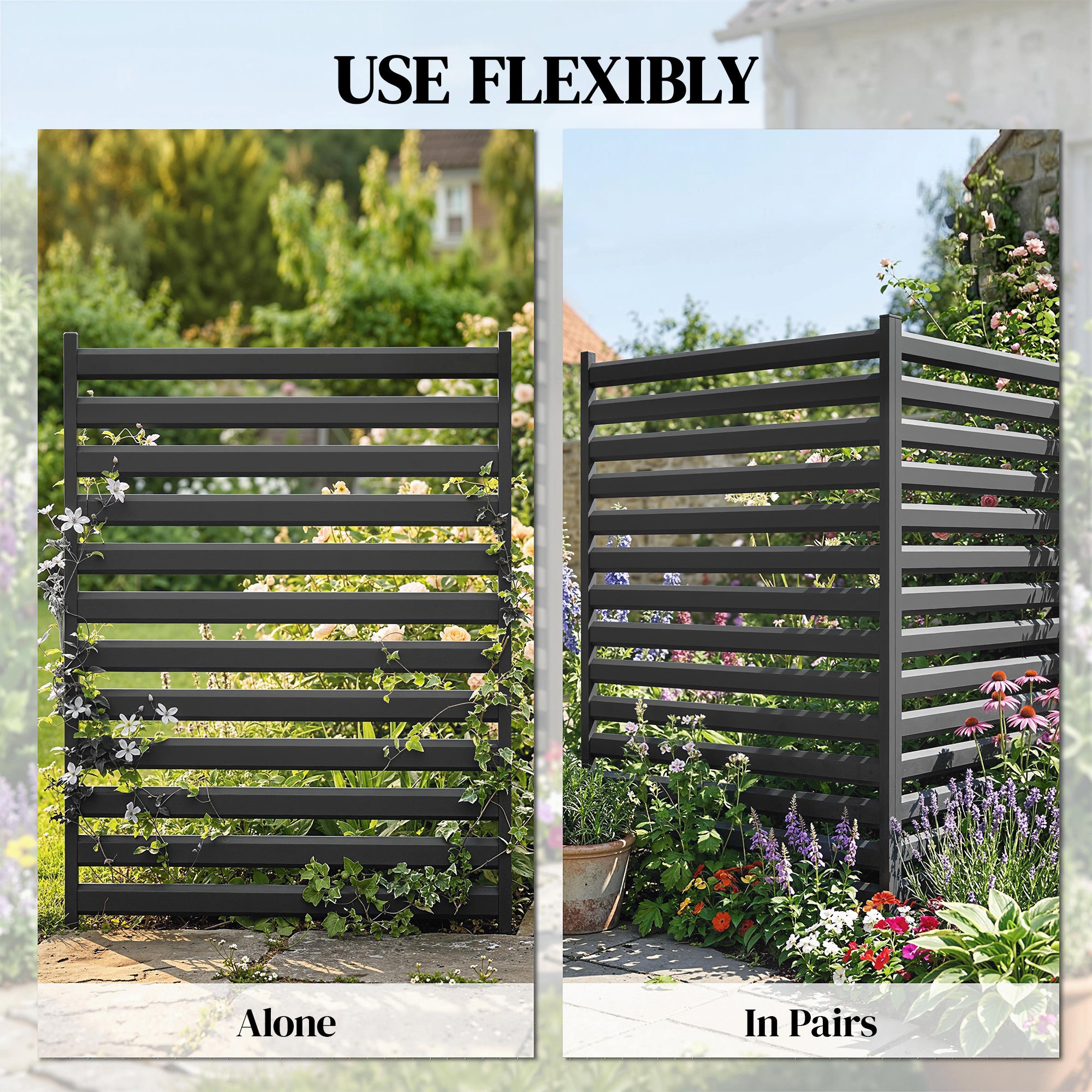 Garden Fence 2 Panels 59.8 x 35.8 in Metal Privacy Fence with Posts & End Caps, Plug-In Decorative Rust-Resistant Outdoor Panels for Trash, Pool, No-Dig Installation, Black
