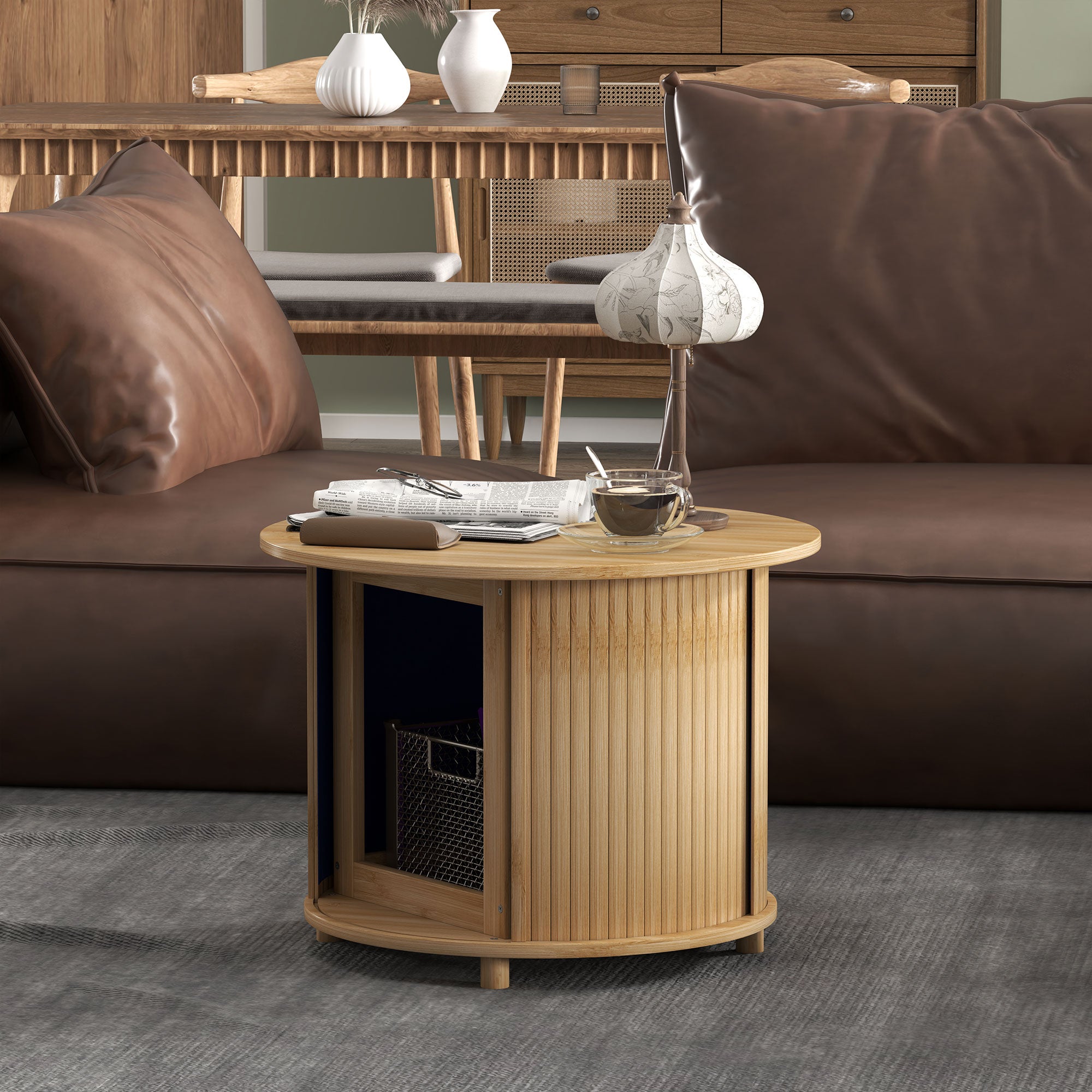 Bamboo Coffee Table Living Room Table with Hidden Storage and Sliding Door, Round Side Table in Modern Style, for Living Room, Natural, Ø60 x 45 cm