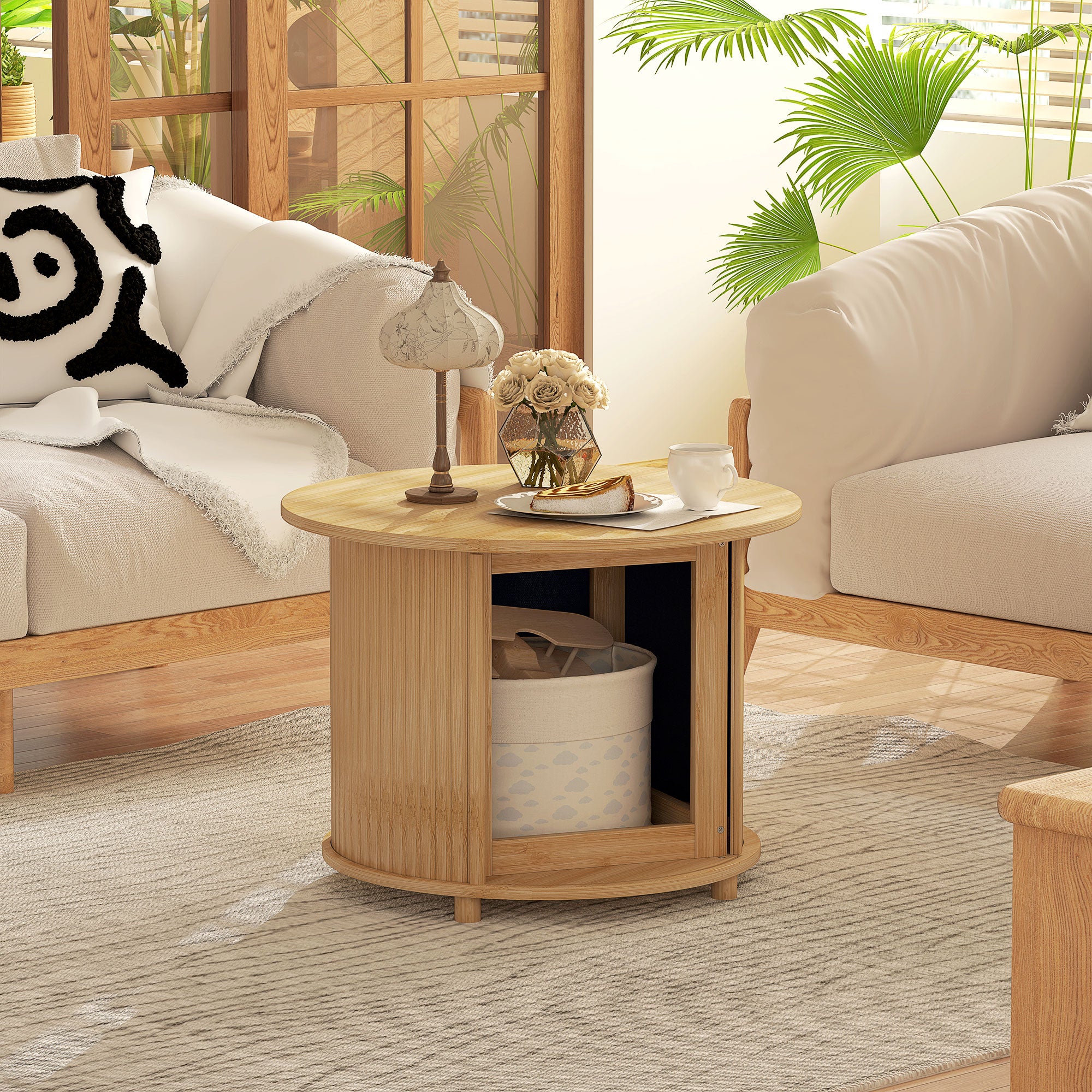 Bamboo Coffee Table Living Room Table with Hidden Storage and Sliding Door, Round Side Table in Modern Style, for Living Room, Natural, Ø60 x 45 cm