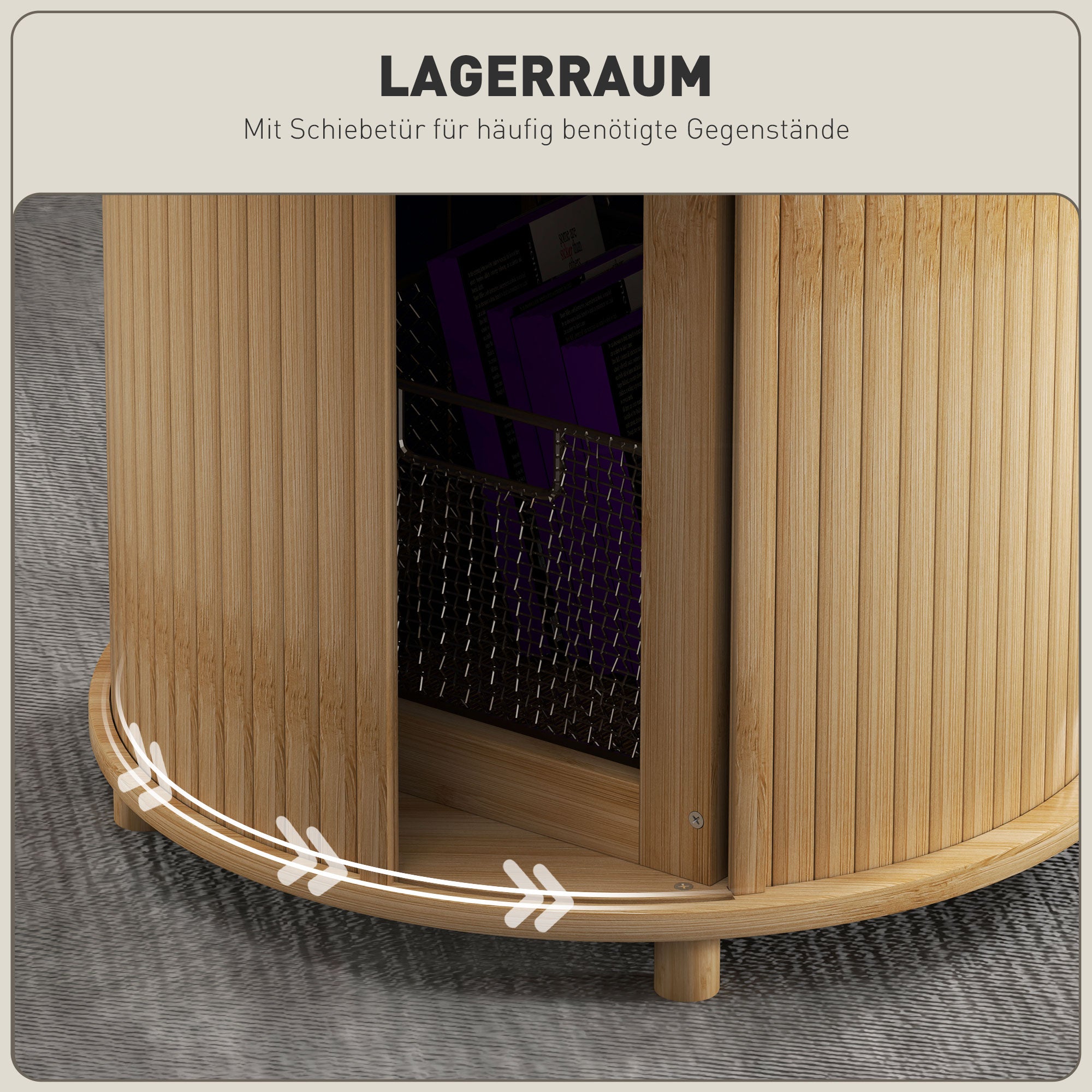 Bamboo Coffee Table Living Room Table with Hidden Storage and Sliding Door, Round Side Table in Modern Style, for Living Room, Natural, Ø60 x 45 cm