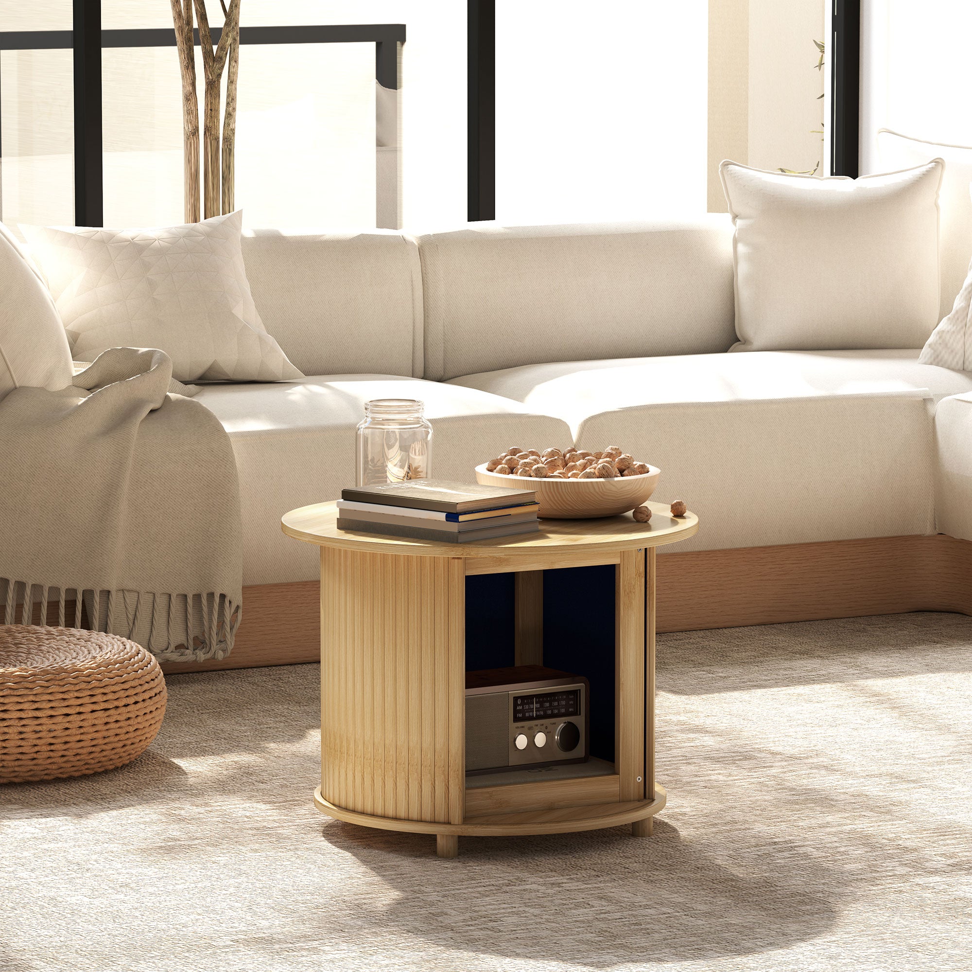 Bamboo Coffee Table Living Room Table with Hidden Storage and Sliding Door, Round Side Table in Modern Style, for Living Room, Natural, Ø60 x 45 cm