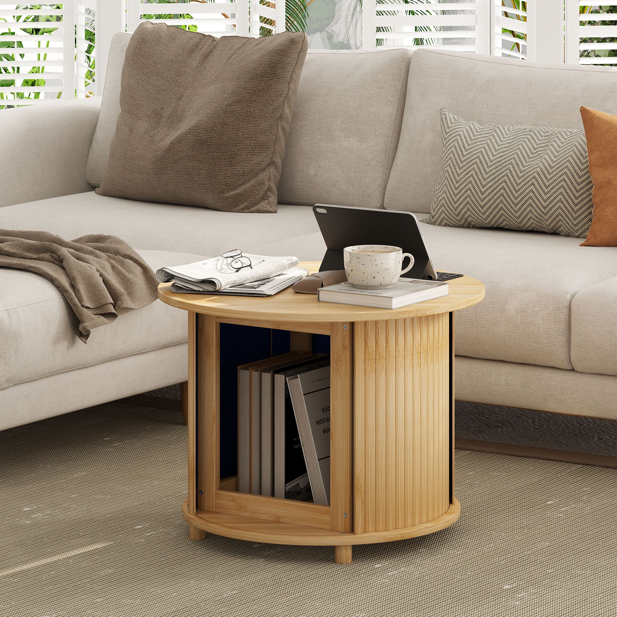 Bamboo Coffee Table Living Room Table with Hidden Storage and Sliding Door, Round Side Table in Modern Style, for Living Room, Natural, Ø60 x 45 cm