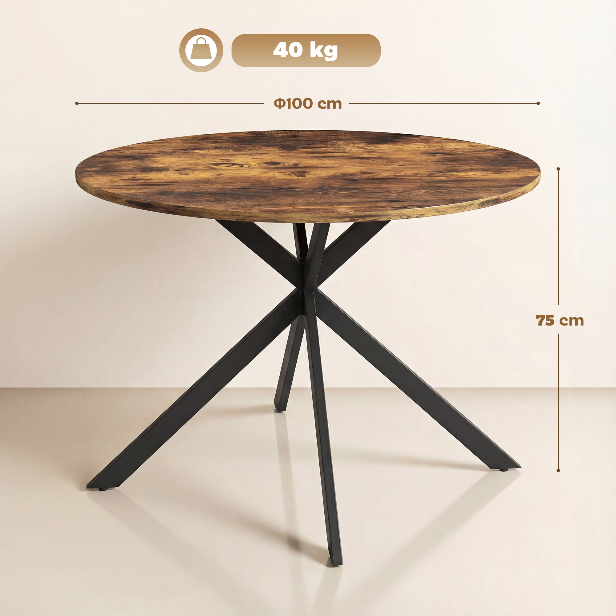 Round Dining Table for 4, Ø100 cm Industrial Kitchen Table with Steel X-Legs, Rustic Brown