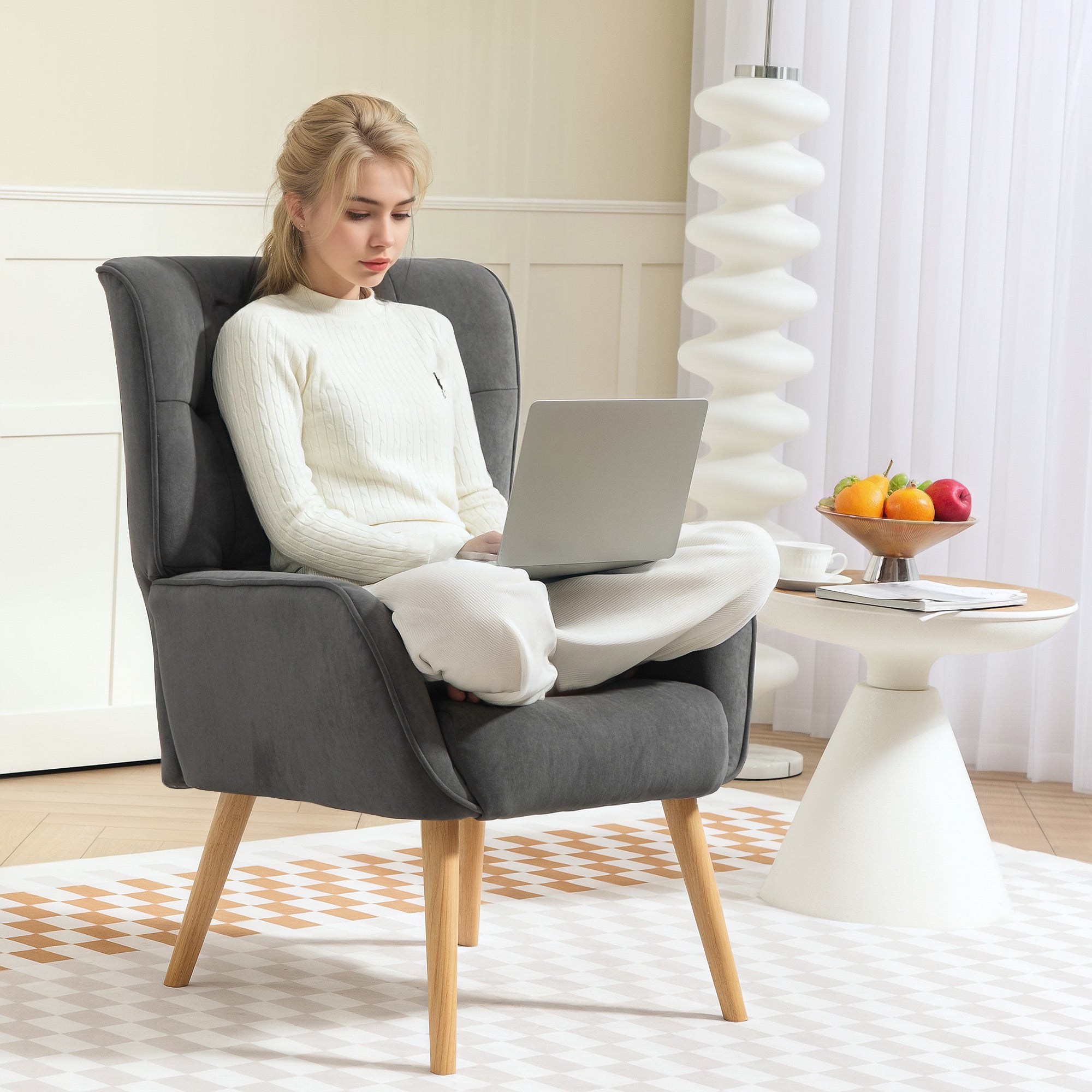 Armchair Living Room Lounge Chair Relax Chair with Wooden Legs Reading Chair with Velvet Look, Upholstered Chair for Bedroom Gray