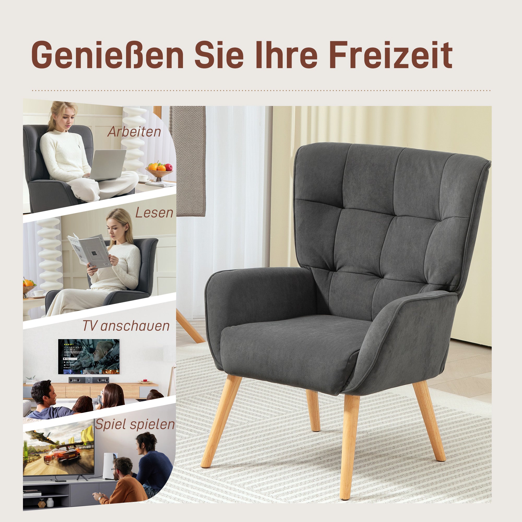 Armchair Living Room Lounge Chair Relax Chair with Wooden Legs Reading Chair with Velvet Look, Upholstered Chair for Bedroom Gray