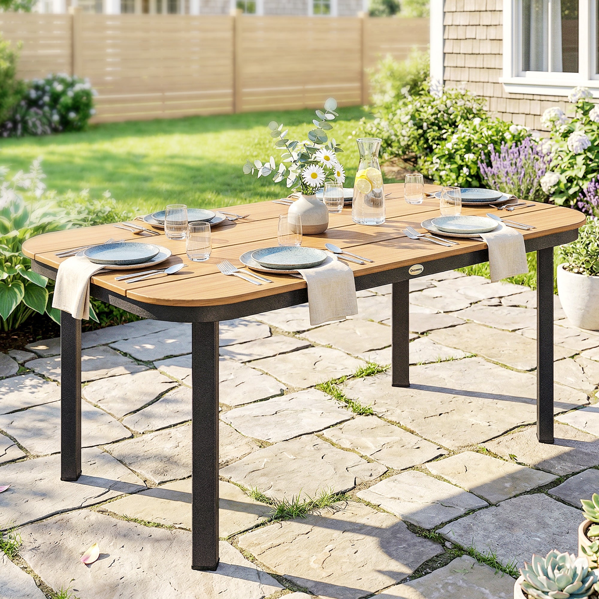 6-Person Outdoor Dining Table — WPC Slatted Top, Metal Frame, Brown, 61 x 34.6 x 28.3 in