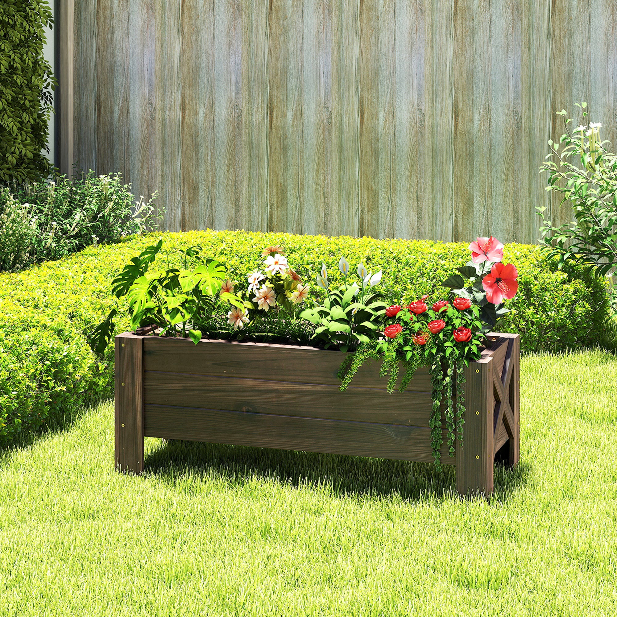 Urban Garden Planter Solid Wood Rectangular Planter with Elevated Legs and 2 Drainage Holes for Flowers Plants Crops 100x36.5x36 cm Brown