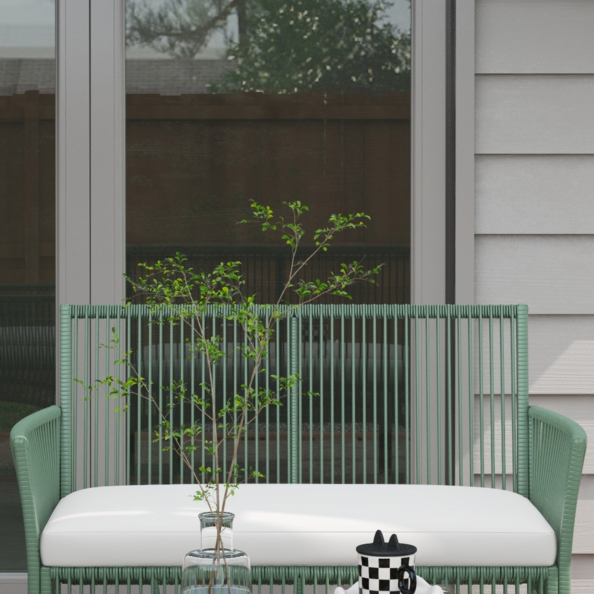 4-Piece Rattan Garden Set, Outdoor Set with 2 Outdoor Armchairs, Garden Sofa, and Garden Coffee Table, Green and Black