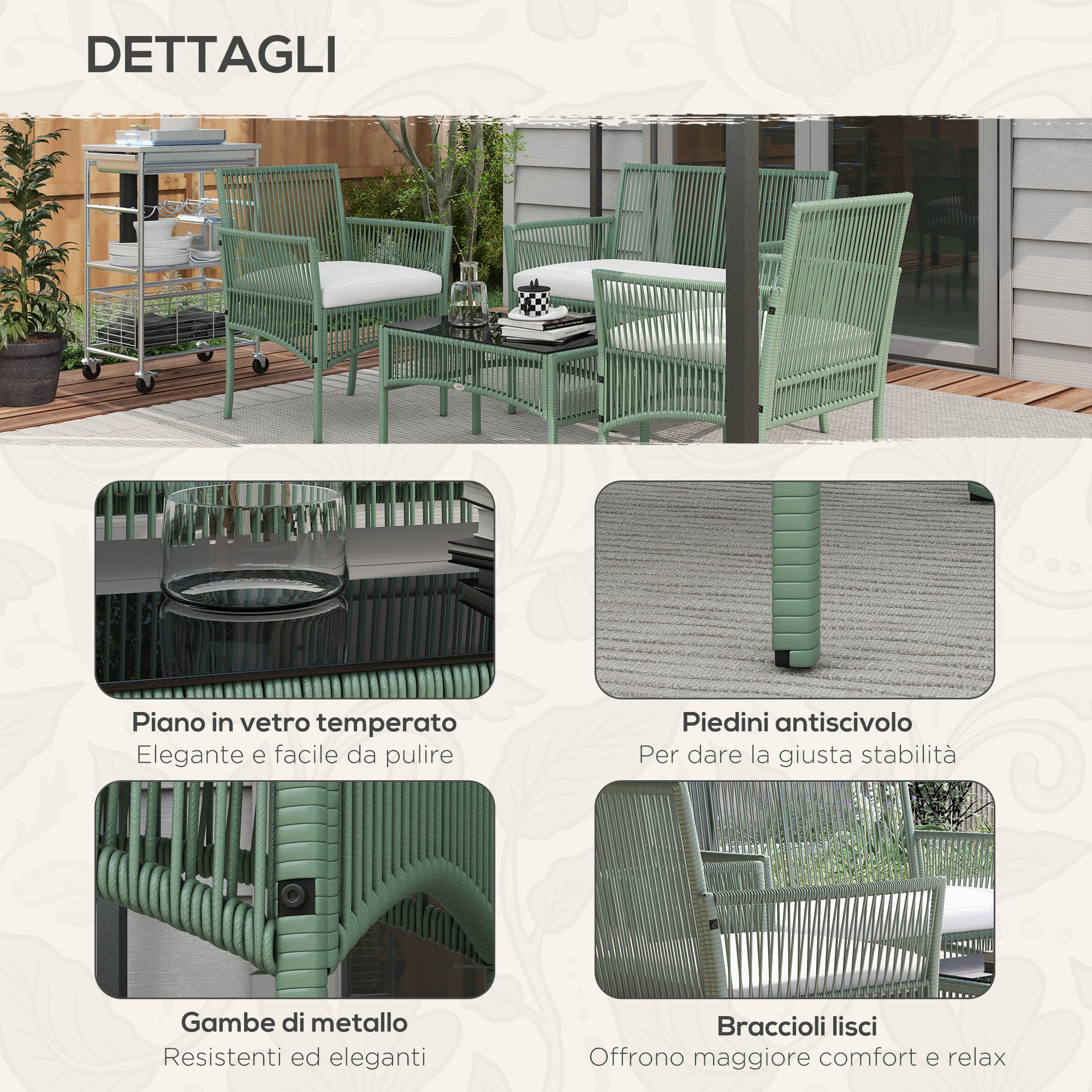4-Piece Rattan Garden Set, Outdoor Set with 2 Outdoor Armchairs, Garden Sofa, and Garden Coffee Table, Green and Black