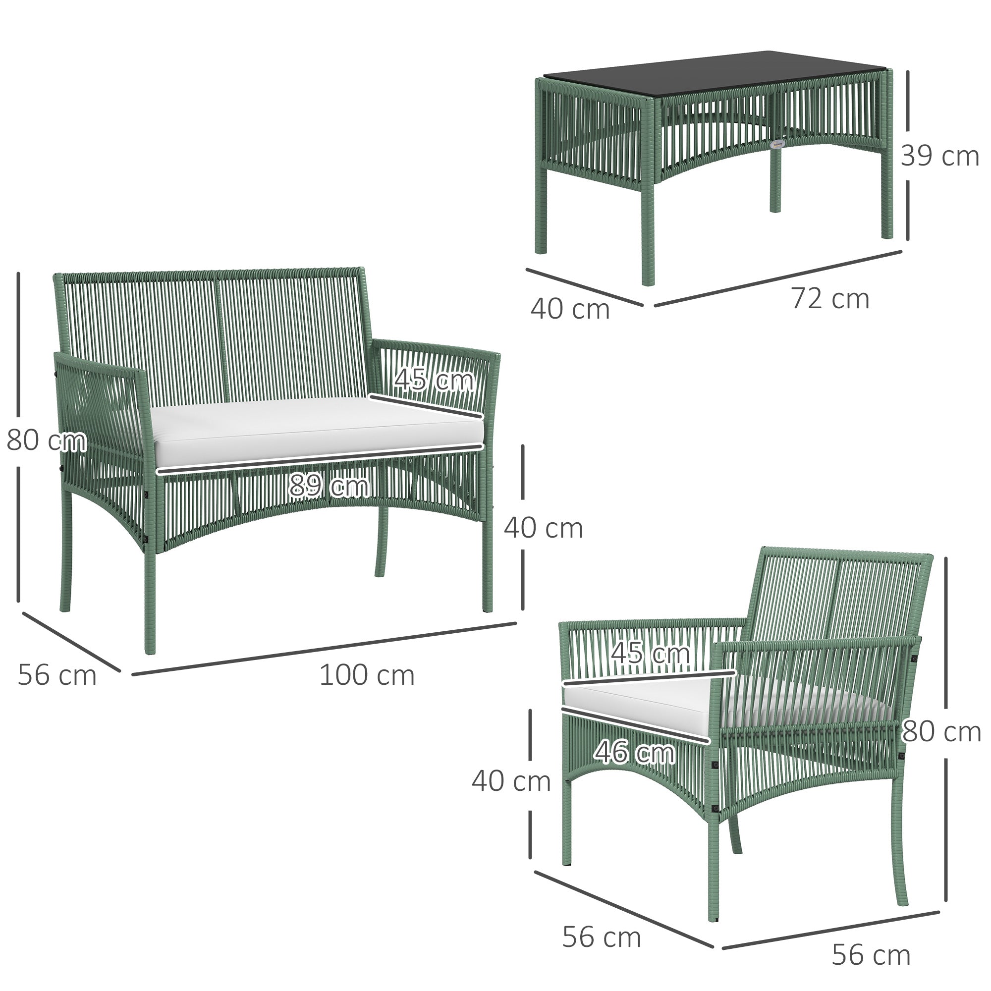 4-Piece Rattan Garden Set, Outdoor Set with 2 Outdoor Armchairs, Garden Sofa, and Garden Coffee Table, Green and Black