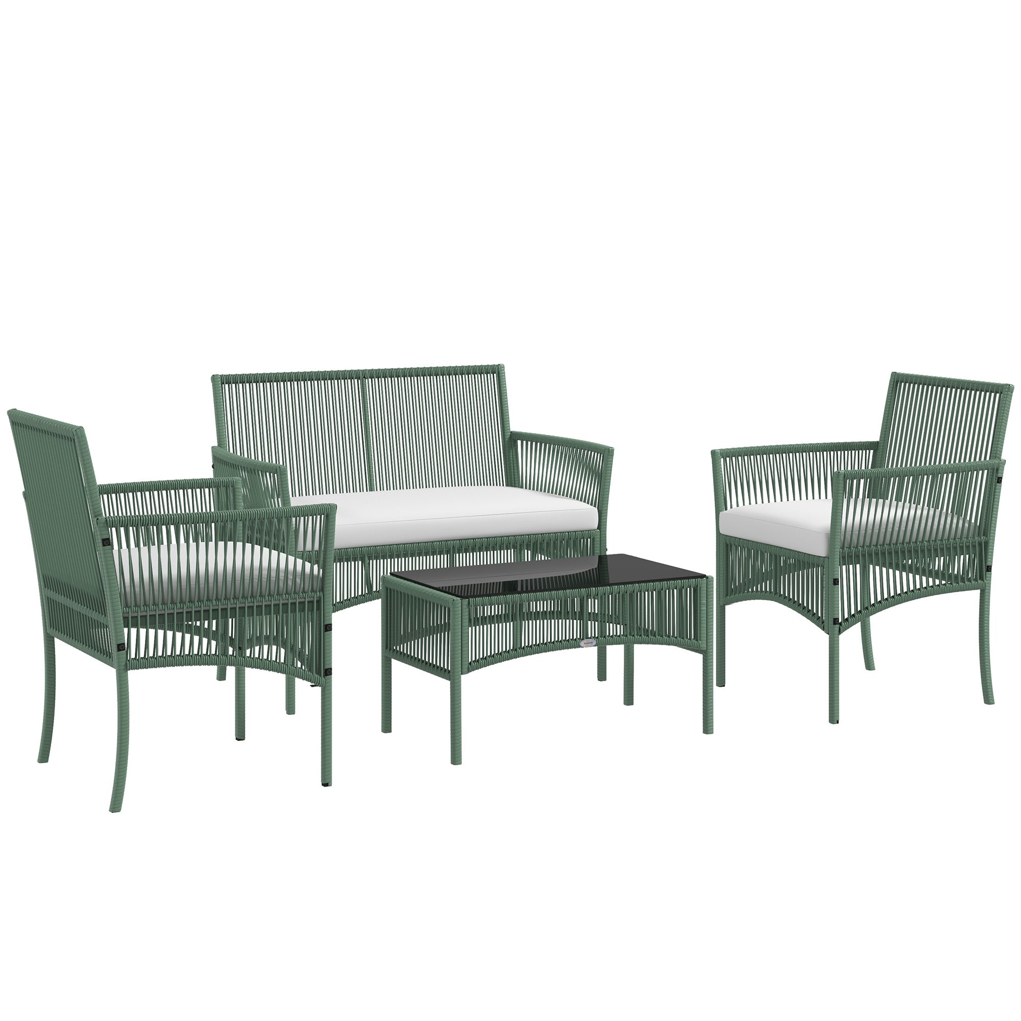 4-Piece Rattan Garden Set, Outdoor Set with 2 Outdoor Armchairs, Garden Sofa, and Garden Coffee Table, Green and Black