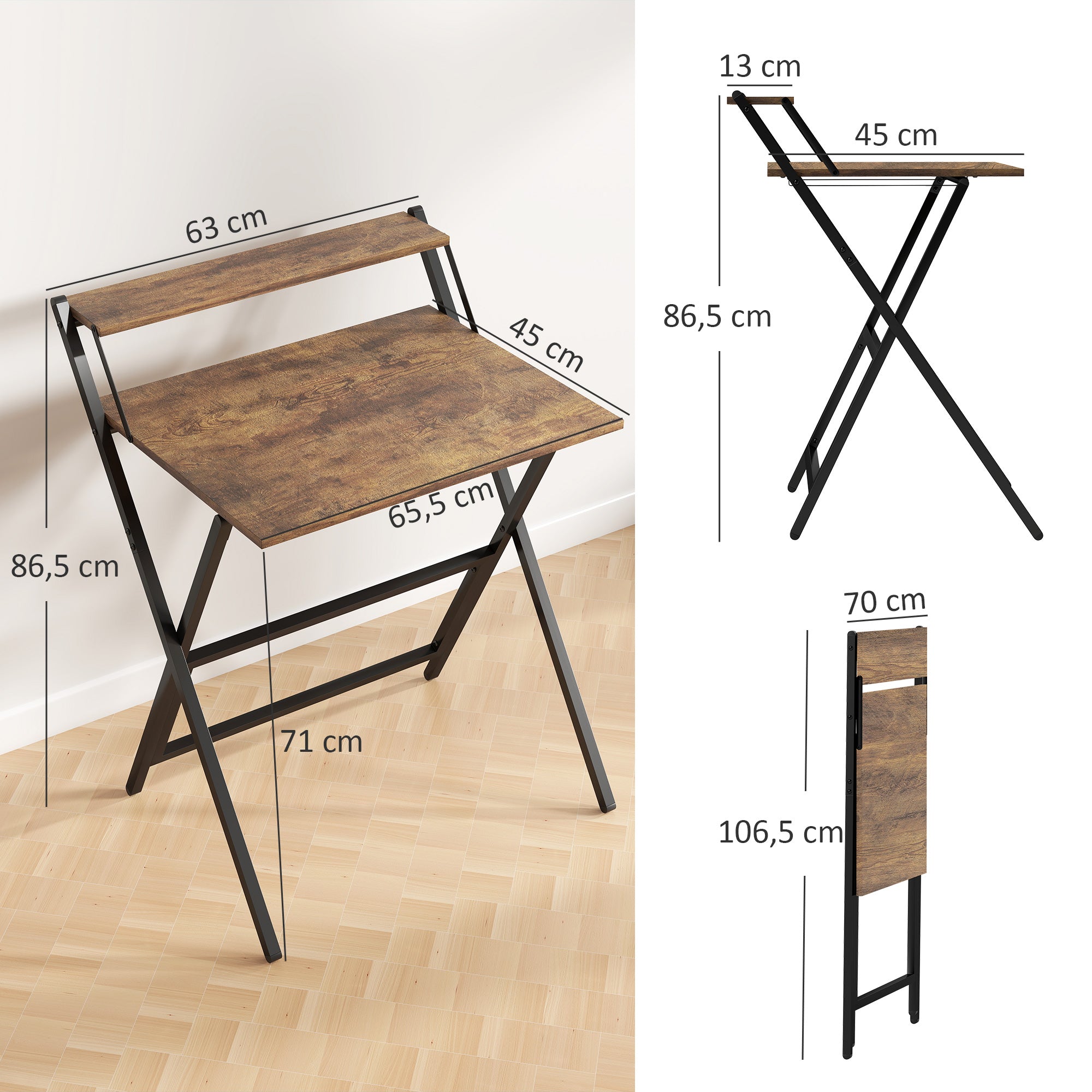 Foldable Computer Desk 25.8 x 17.7 in with Storage Shelf — Rustic Brown